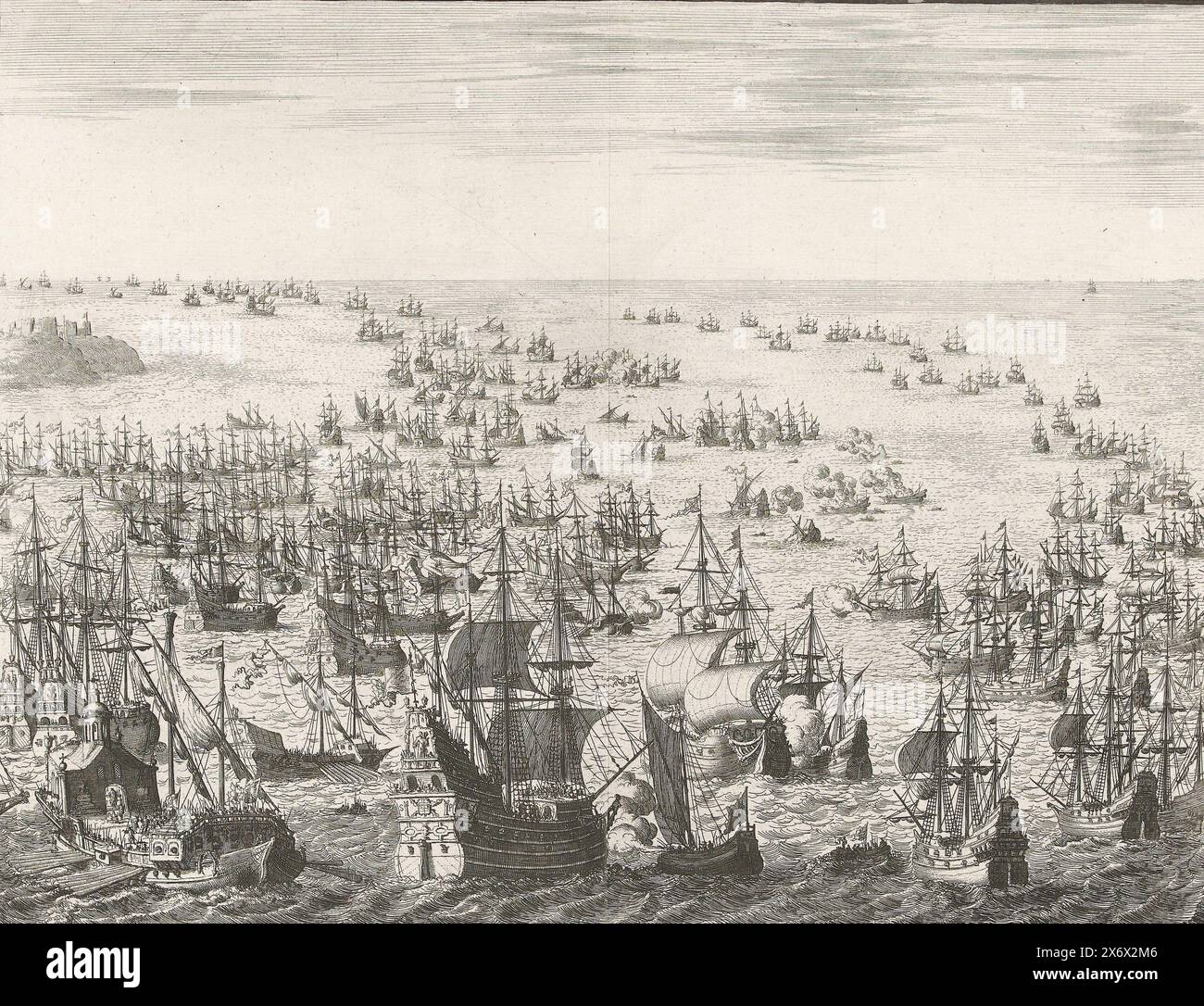 Demise of the Spanish Armada, Demise of the Spanish Armada or Invincible Fleet, between July 31 and August 12, 1588. Naval battle between the Spanish and combined English and Dutch fleets in the Channel. In the foreground a large Spanish frigate is being fired upon by a small Dutch ship with the banner of the city of Leiden, on the left a galley., print, print maker: Jan Luyken, (mentioned on object), Northern Netherlands, 1679 - 1681, paper, etching, height, 272 mm × width, 350 mm Stock Photo