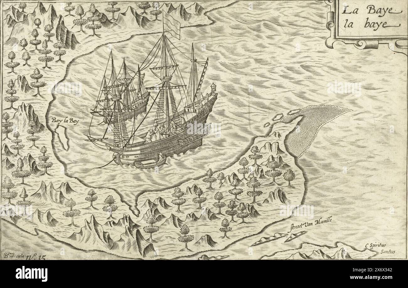 Bay near the island of Rapu Rapu, 1600, La Baye la baye (title on object), The two ships at anchor in the bay of the island of Rapu Rapu in the Philippines, October 15, 1600. Part of the illustrations in the report of the voyage Around the World by Olivier van Noort in 1598-1601. No. 15., print, print maker: Benjamin Wright, (mentioned on object), Northern Netherlands, 1601 - 1602 and/or 1646, paper, engraving, height c. 145 mm × width c. 225 mm Stock Photo