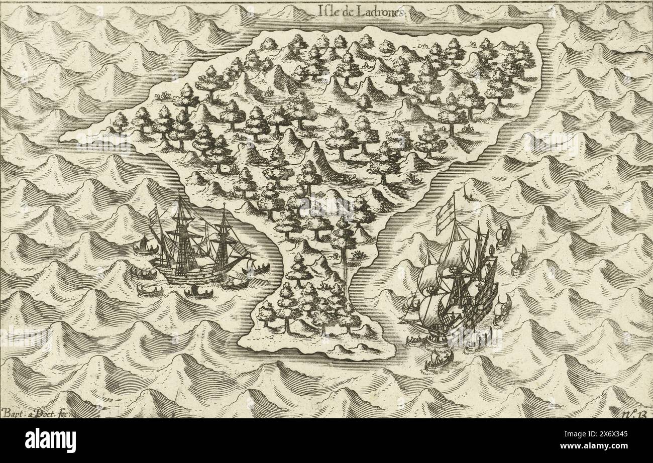 The two ships at one of the Ladrones or Mariana islands, 1600, Isle de Ladrones (title on object), The two ships at one of the Ladrones or Mariana islands, September 15, 1600. Part of the illustrations in the report of the voyage to the world by Olivier van Noort in 1598-1601. No. 13., print, print maker: Baptista van Doetechum, (mentioned on object), Northern Netherlands, 1601 - 1602 and/or 1646, paper, etching, engraving, height c. 145 mm × width c. 225 mm Stock Photo