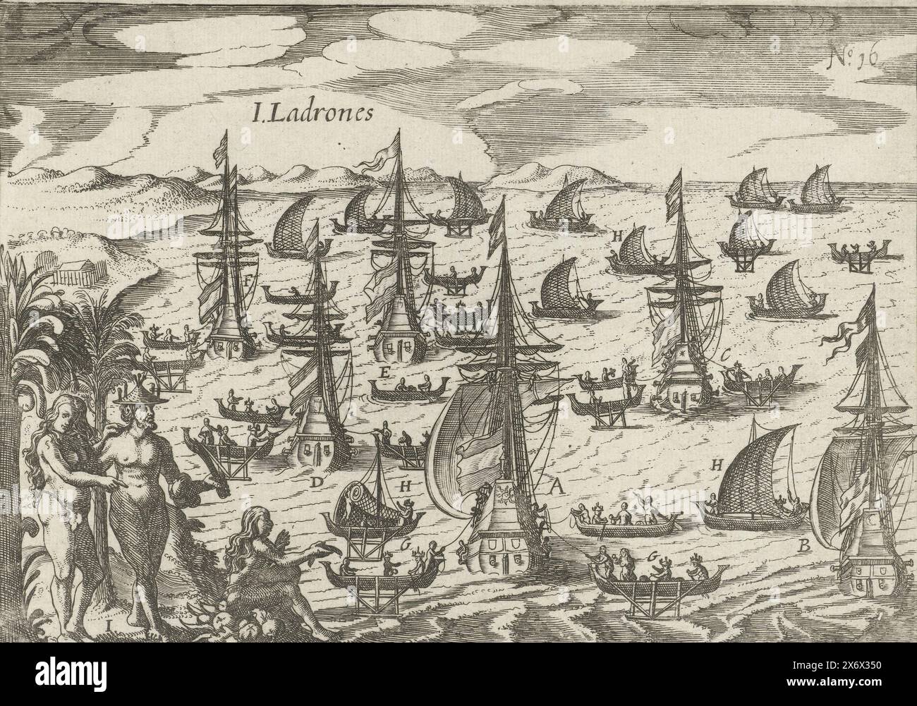Arrival at the Ladrones Islands, 1616, I. Ladrones (title on object), Image of the Islas de Las Velas, ort Ladrones, Arrival of the fleet at the Ladrones or Mariana Islands, January 1616. The ships are at anchor: the Son, the Maen, the Morghen-Star, the Aeolus, the Hunter and the captured ship. In the water different types of local vessels. In the left foreground two examples of the local population. Part of the illustrations in the report of Joris van Spilbergen's journey around the world, 1614-1617, No. 16., print, print maker: anonymous, Northern Netherlands, 1617 - 1619 and/or 1646, paper, Stock Photo