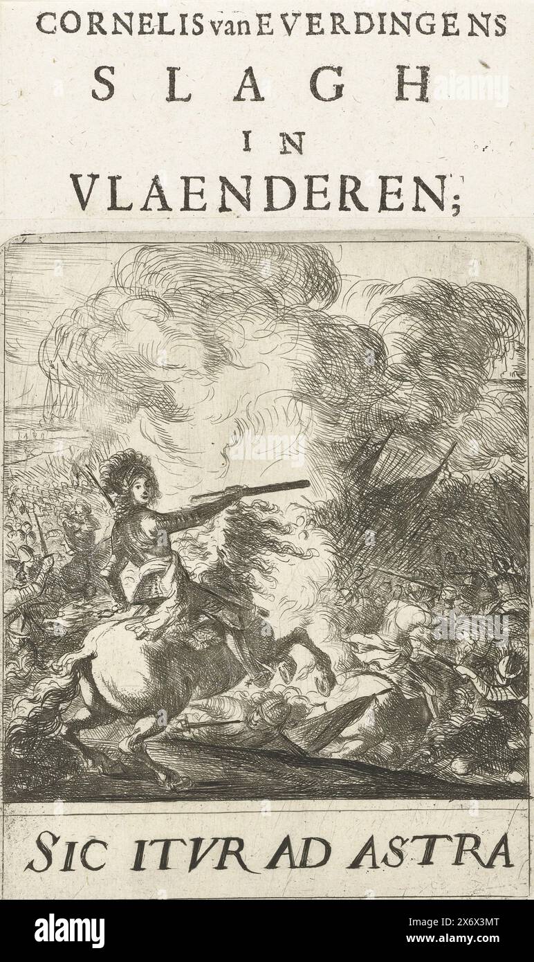 Battle of Nieuwpoort, 1600, Warrior on horseback with command staff in hand, before the hustle and bustle of the battle. Depicted is Prince Maurits during the battle of Nieuwpoort, July 2, 1600. Depiction on a title page, at the top of the title, at the bottom of the saying: Sic itur ad astra., print, print maker: anonymous, print maker: Caesar van Everdingen, (possibly), Northern Netherlands, 1668 - 1670, paper, etching, letterpress printing, height, 227 mm × width, 138 mm Stock Photo