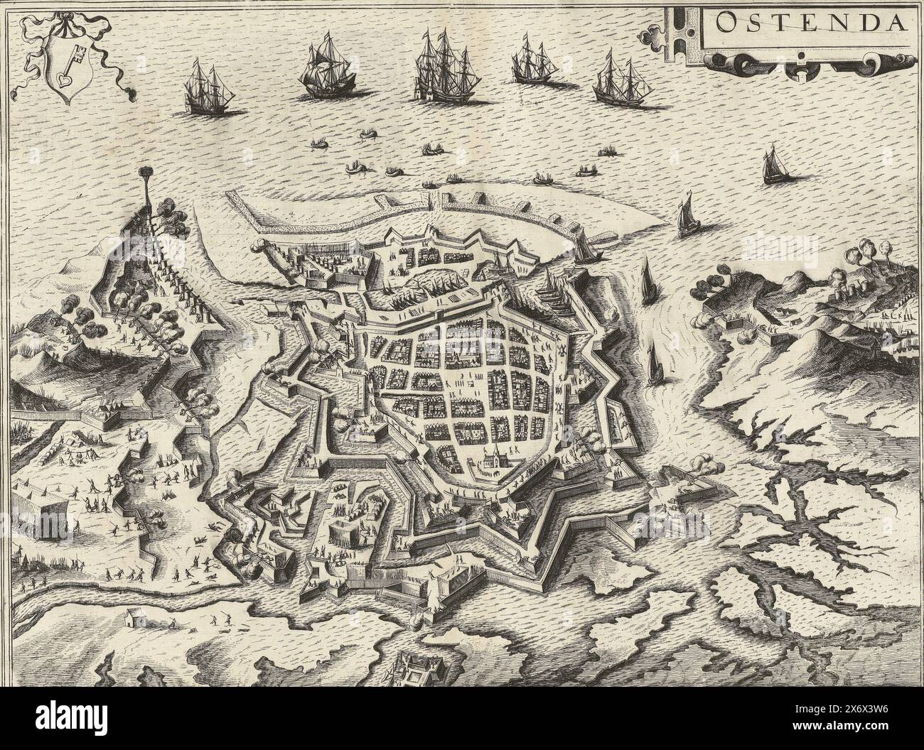 Siege of Ostend, 1601-1604, Ostenda (title on object), Siege of Ostend by the Spanish army under Albrecht and later under Spinola from 1601-1604. Plan of the city and the surrounding country with all the defenses and the camps of the besiegers. Top right a cartouche with the title, top left the city coat of arms. Printed on a double page with Latin text on the back, taken from the atlas of J. Janssonius., print, print maker: anonymous, after print by: Claes Jansz. Visscher (II), 1655 - 1657, paper, etching, letterpress printing, height, 353 mm × width, 465 mm Stock Photo