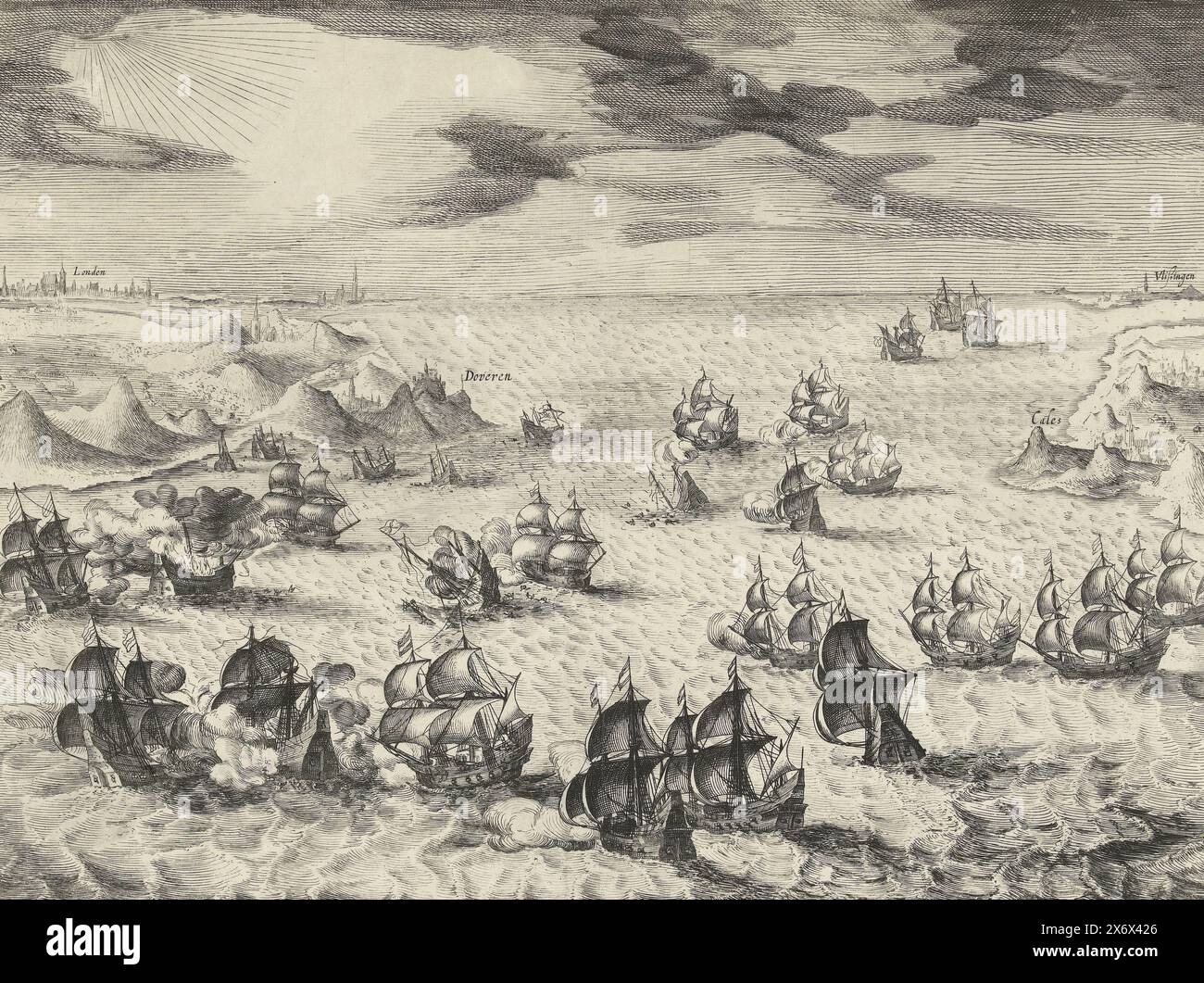Sea battle between State and Spanish ships in the Channel, 1605, Sea battle between State and Spanish ships in the Channel off the English coast near Dover, June 12-13, 1605. On the left the English coast with Dover and London in the distance, on the right the French coast with Calais and Vlissingen in the distance. The Dutch fleet under Lieutenant Admiral Willem de Zoete, lord of Haultain, intercepts a Spanish troop transport to Flanders in English and German ships, sinks some of these ships and pursues others into English territorial waters, within gun range in the English castle at Dover Stock Photo