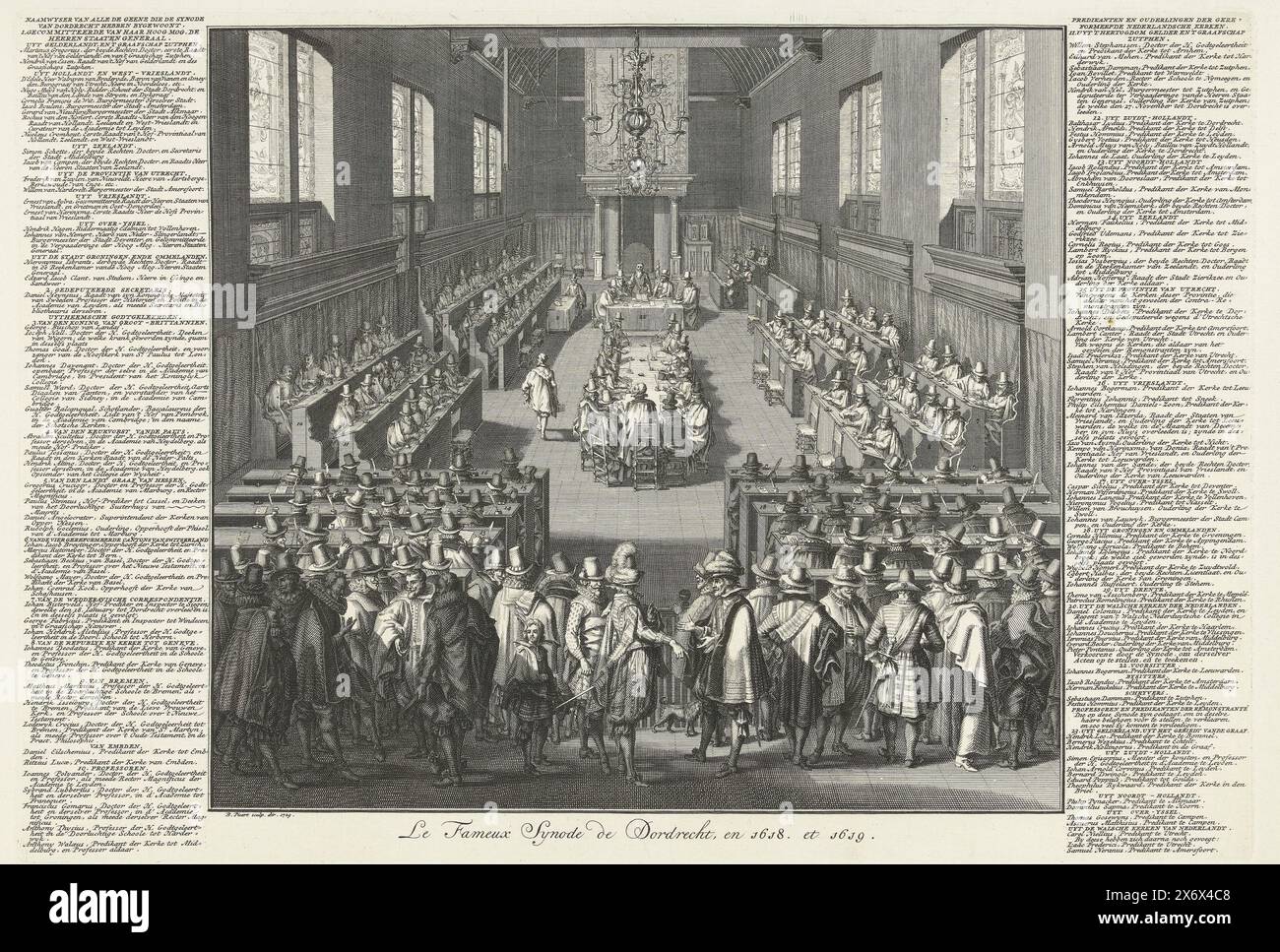 Opening of the synod of Dordrecht, 1618, Le Fameux Synode de Dordrecht, en 1618. et 1619 (title on object), The opening of the national synod in Dordrecht on November 13, 1618. The large hall of the Kloveniersdoelen with all those present and spectators. The participants in the synod are indicated by numbers with the corresponding legend in the columns on either side of the representation., print, Bernard Picart, (mentioned on object), after print by: François Schillemans, Northern Netherlands, 1729, paper, etching, engraving, height, 275 mm × width, 398 mm Stock Photo