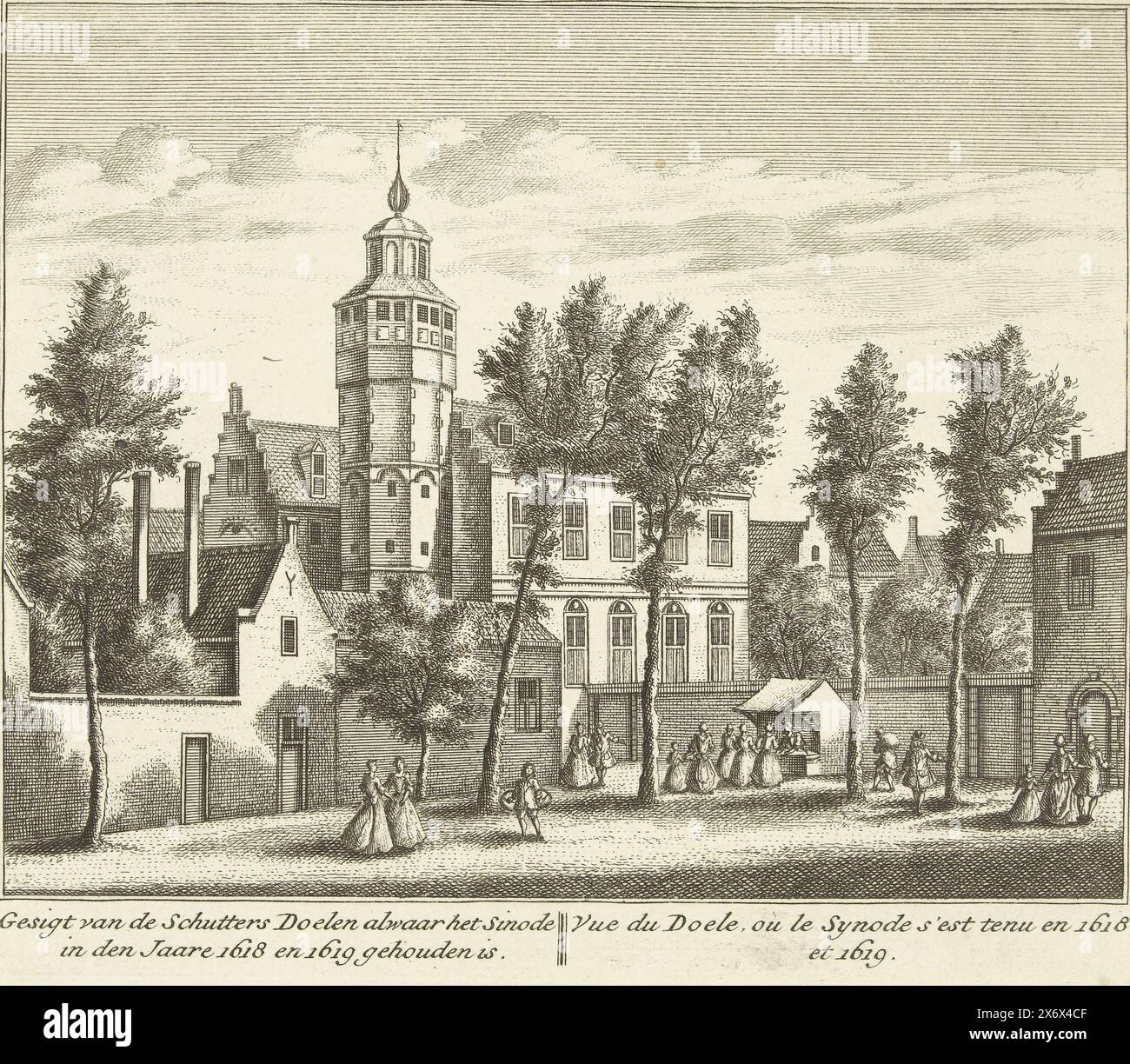 View of the Kloveniersdoelen in Dordrecht where the National Synod was held in 1618-1619, View of the Schutters Doelen where the Sinode was held in the years 1618 and 1619, Vue du Doele, où le Synode s'est tenu en 1618 et 1619 ( title on object), View of the Kloveniersdoelen in Dordrecht where the National Synod was held in the years 1618-1619 (Synod of Dordrecht). In the foreground a stall and some passers-by., print, print maker: Leonard Schenk, after drawing by: Abraham Rademaker, publisher: Leonard Schenk, (possibly), Amsterdam, 1736, paper, etching, engraving, height, 170 mm × width, 198 Stock Photo