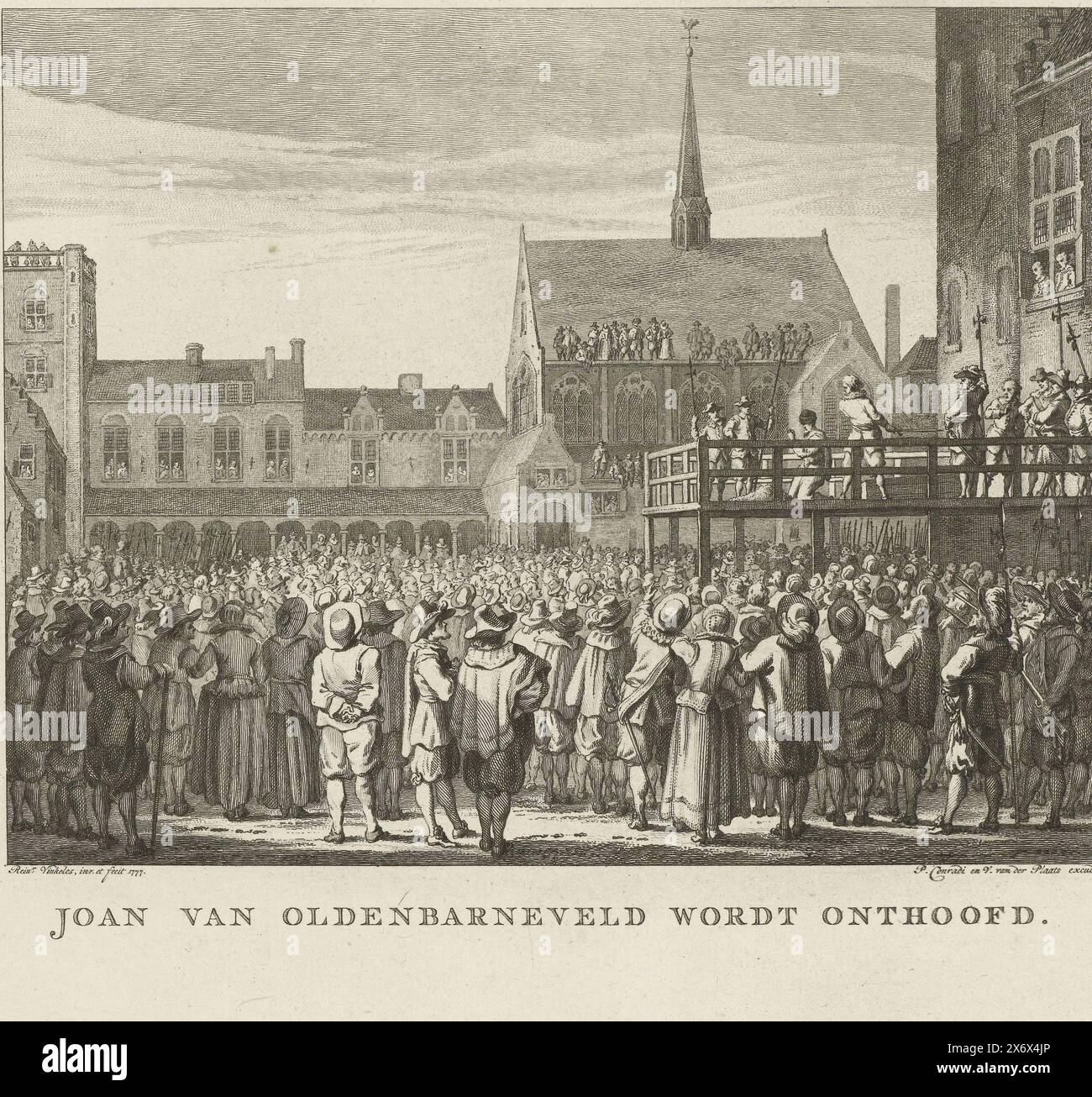 Beheading of Johan van Oldenbarnevelt, 1619, Joan van Oldenbarnevelt is beheaded (title on object), Johan van Oldenbarnevelt kneels blindfolded before his beheading on the scaffold at the Binnenhof in The Hague on May 13, 1619. Seen from the square with the one gathered spectators., print, print maker: Reinier Vinkeles (I), after own design by: Reinier Vinkeles (I), (mentioned on object), publisher: P. Conradi en van der Plaats, (mentioned on object), Northern Netherlands, 1777, paper, etching, height, 224 mm × width, 278 mm Stock Photo