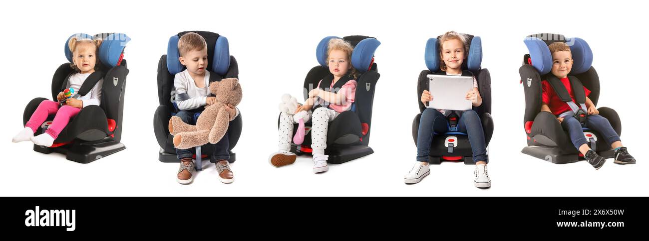 Set of little children in car seats on white background Stock Photo - Alamy
