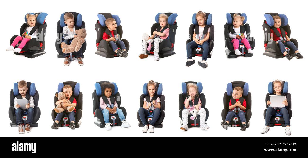 Set of many little children in car seats on white background Stock ...