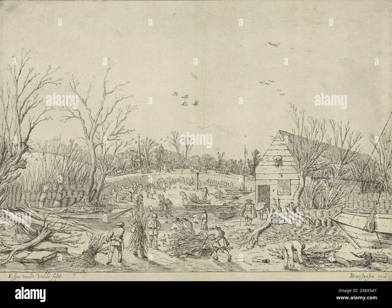 Repairing the broken dike at Vianen, 1624, Image of the large Water Flood, which occurred between Vianen and the Vaert, in 't Jaer ons Heeren 1624, the 10th of January, Nieuwen Stijl (title on object), Repairing the broken dike along the Lek near Vianen, after the dike breach and flooding on January 10, 1624. In the distance the Utrecht Cathedral. The print includes a text sheet with explanation and legend., print, print maker: Esaias van de Velde, (mentioned on object), after own design by: Esaias van de Velde, publisher: Broer Jansz. (Amsterdam), (mentioned on object), print maker: Northern Stock Photo