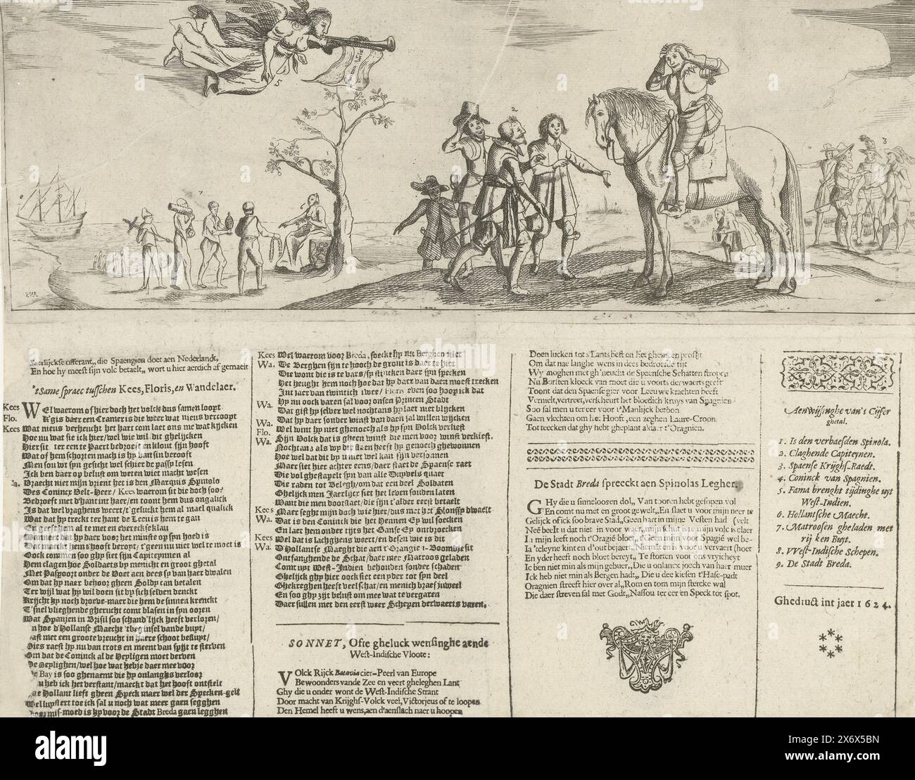 Cartoon on Spinola's money shortage, 1624, Cartoon on Spinola's money shortage, 1624. Spinola on horseback is at a loss because he has no money to pay his soldiers' wages. De Faam brings him the news of the conquest of Salvador in Brazil by the Dutch (May 10, 1624). On the left, the sailors of ships from the West Indies bring the rich booty to the Dutch Virgin. In the distance the city of Breda under siege by Spinola, on the right the Spanish council of war. On the sheet below the plate four columns of text and Dutch with a dialogue, two verses and the legend 1-9., print, print maker Stock Photo