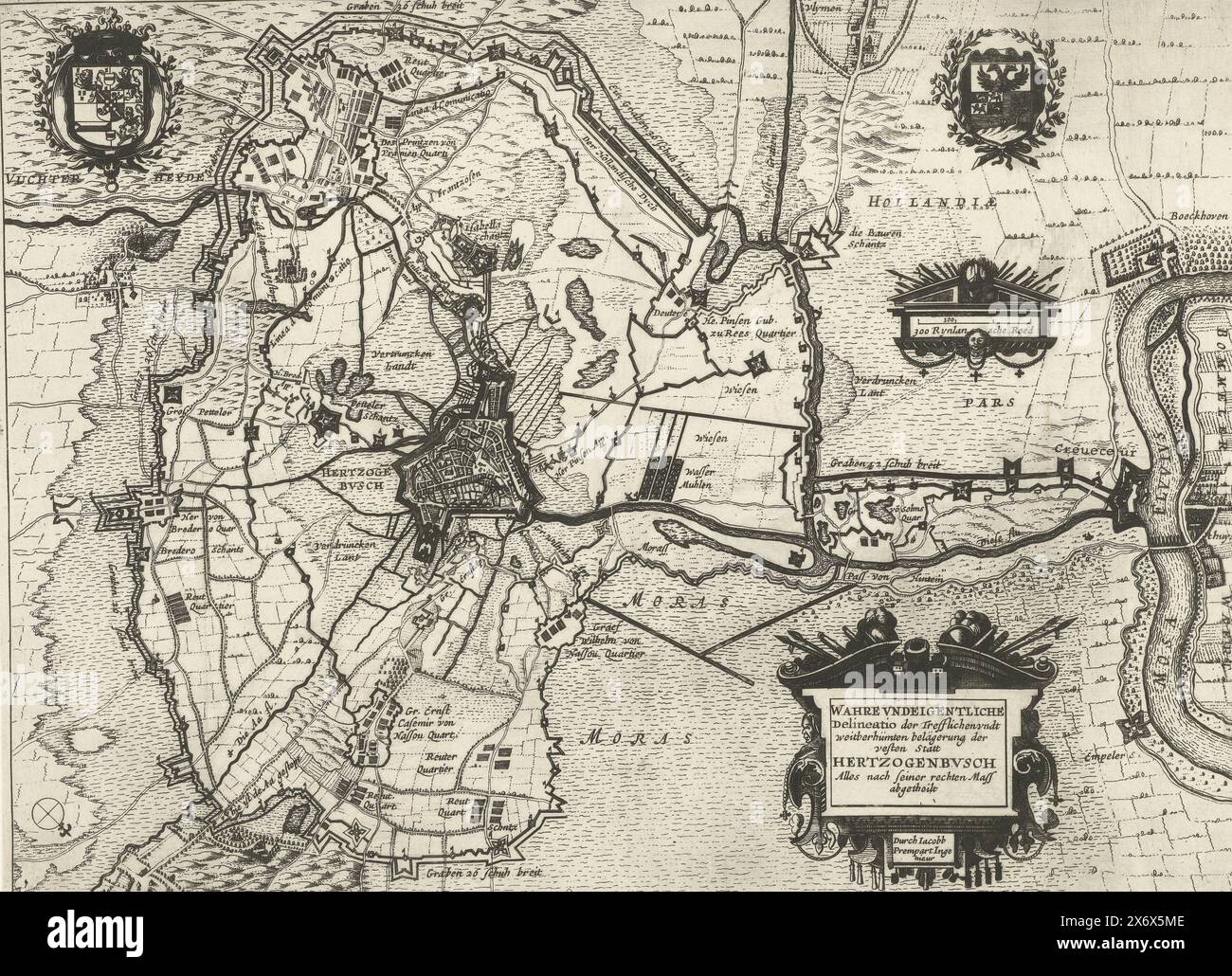 Map of the siege of Den Bosch by Frederik Hendrik, 1629, Wahre und eigentliche Delineatio der Trefflichen undt beitberhümten belägerung der vesten Statt Hertzogenbusch Alles nach seinerrechten Mass abgetheilt (title on object), Map of the siege of Den Bosch by the Dutch army under Frederik Hendrik, from May 1 to September 17, 1629. Map of Den Bosch and the surrounding area with the encirclement of the city, on the right Crèvecoeur on the Maas. Bottom right a cartouche with the German title. At the top left the coat of arms of Frederik Hendrik, on the right the coat of arms of the city., print Stock Photo