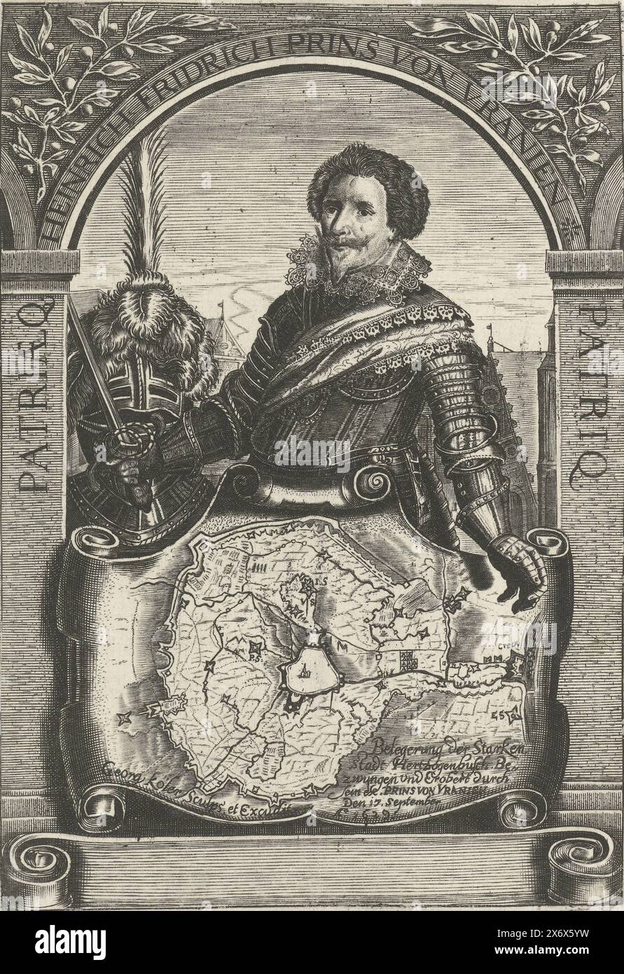 Portrait of Frederik Hendrik with a map of the siege of Den Bosch in 1629, Heinrich Fridrich Prins von Uranien (title on object), Portrait of Frederik Hendrik in half, standing in armor behind a map of the siege of Den Bosch in 1629., print, print maker: Georg Cöler, (mentioned on object), publisher: Georg Cöler, (mentioned on object), Germany, 1629, paper, engraving, height, 170 mm × width, 118 mm Stock Photo