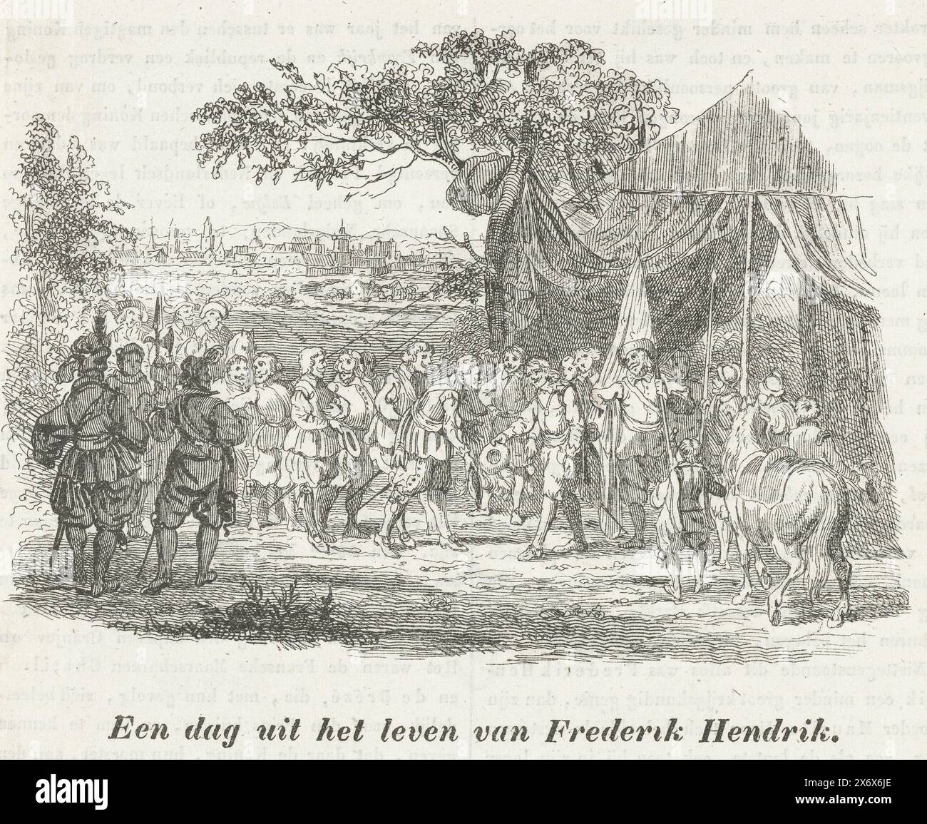 Frederik Hendrik is greeted as a general in the French army, 1635, A day in the life of Frederik Hendrik (title on object), Stadtholder Frederik Hendrik is greeted as a general in the army camp of the French army, May 1635. Printed on the back with text in Dutch., print, print maker: anonymous, Netherlands, 1800 - 1899, paper, wood engraving, height, 116 mm × width, 145 mm Stock Photo