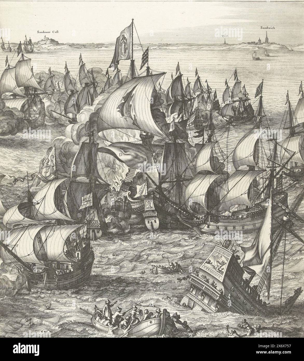 The great sea battle at Duins (plate 4), 1639, Pugna navalis qua Hispanos vicere in Duins Angliae Belgae Foederati Ao. MDCXXXIX (title on object), Large representation of the naval battle at Duins between the Spanish fleet commanded by Antonio de Oquendo and the Dutch fleet under Maarten Harpertsz. Tromp, October 21, 1639. Sheet 4: battles at sea, centrally the destruction of the Santa Teresa, in the foreground drowning people are pulled out of the water near the sinking St. Francisco. In the background the English coast near Sandwich. Unassembled ensemble consisting of 7 numbered plates, the Stock Photo