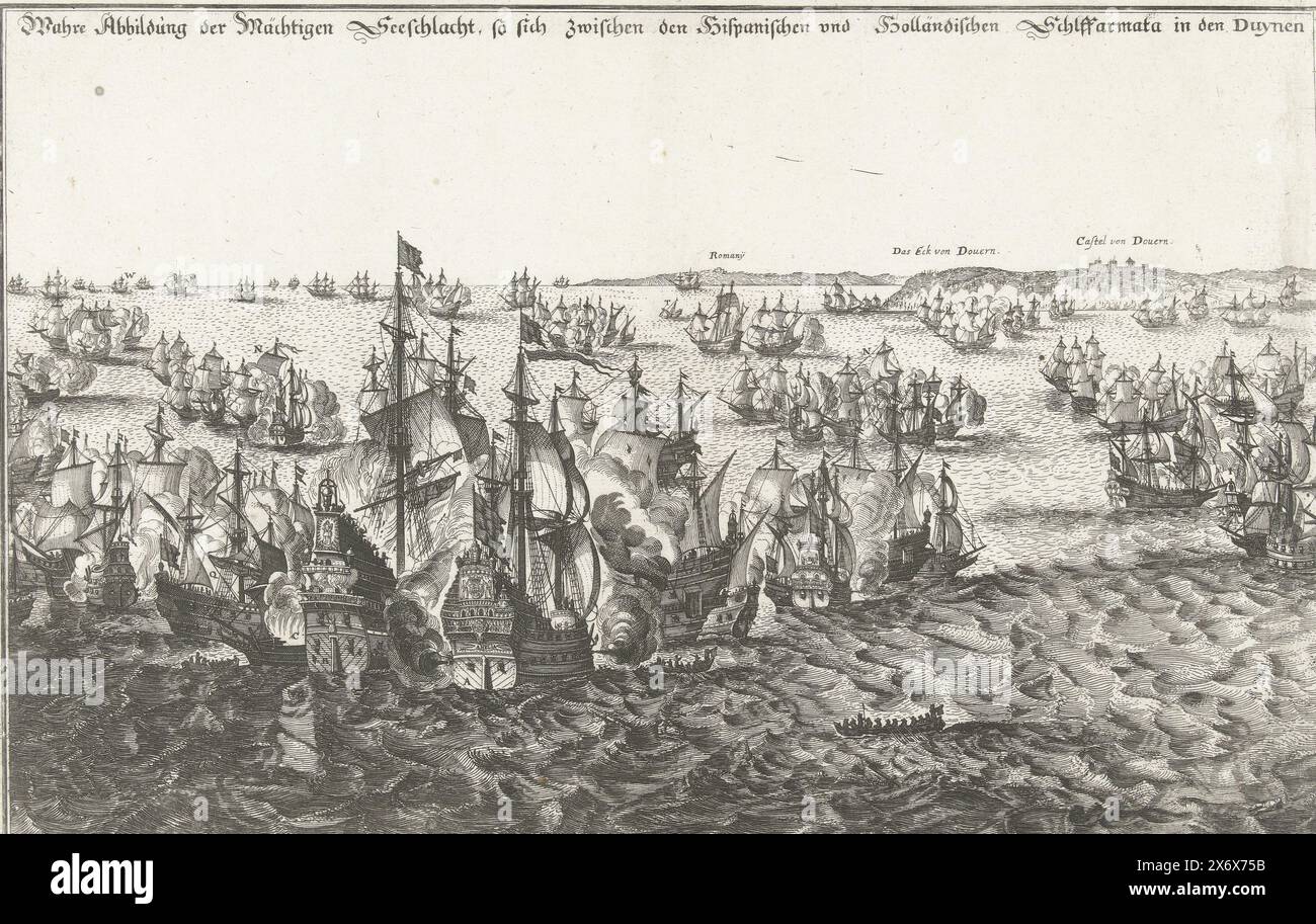 Sea Battle of Duins (left plate), 1639, Wahre Abbildung der Mächtigen Seeschlacht, so sich zwischen den Hispanischen und Dutch Schiffarmata in de Duynen den 21. Octobris 1639. zu geragen, darinen die Holländer under dem Admiral Martin Harperstromp die Victori (title on object ), Battle of Duins between the Spanish fleet commanded by Antonio de Oquendo and the Dutch fleet under Maarten Harpertsz. Tromp, October 21, 1639. Left plate with Tromp's admiral ship Aemilia next to the Santa Teresa, which is on fire, seen on the transom in the foreground. In the background the English coast between Stock Photo