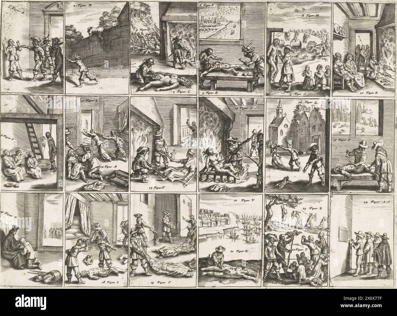 Atrocities against the Irish Protestants, 1642, Sheet with 21 small scenes of the cruelties, tortures and mutilations committed in Ireland by the Catholics against the Protestants, January 1642. Each scene is indicated by a number and one or more letters. A text sheet accompanies the print., print, print maker: anonymous, after print by: Wenceslaus Hollar, publisher: Broer Jansz. (Amsterdam), print maker: Northern Netherlands, publisher: Amsterdam, publisher: Amsterdam, 1641 - 1642, paper, engraving, height, 246 mm × width, 338 mm Stock Photo