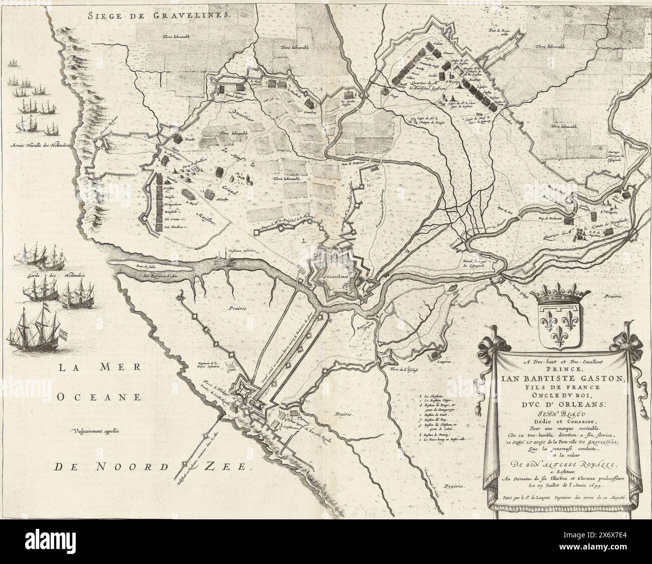 Map of the siege and conquest of Grevelingen, 1644, Siege de Gravelines (title on object), Map of the siege and conquest of the city of Grevelingen by the French army under Gaston Duke of Orléans, May 27 - July 28, 1644. Plan of the fortified city with the surrounding country, on the left the harbor blocked by Dutch ships. Bottom right a cartouche with the dedication, with the coat of arms of Gaston of Orléans above it. To the left of the cartouche a legend b-i. With Dutch text on verso., print, print maker: anonymous, Michael van Langren, (mentioned on object), publisher: Johannes Stock Photo