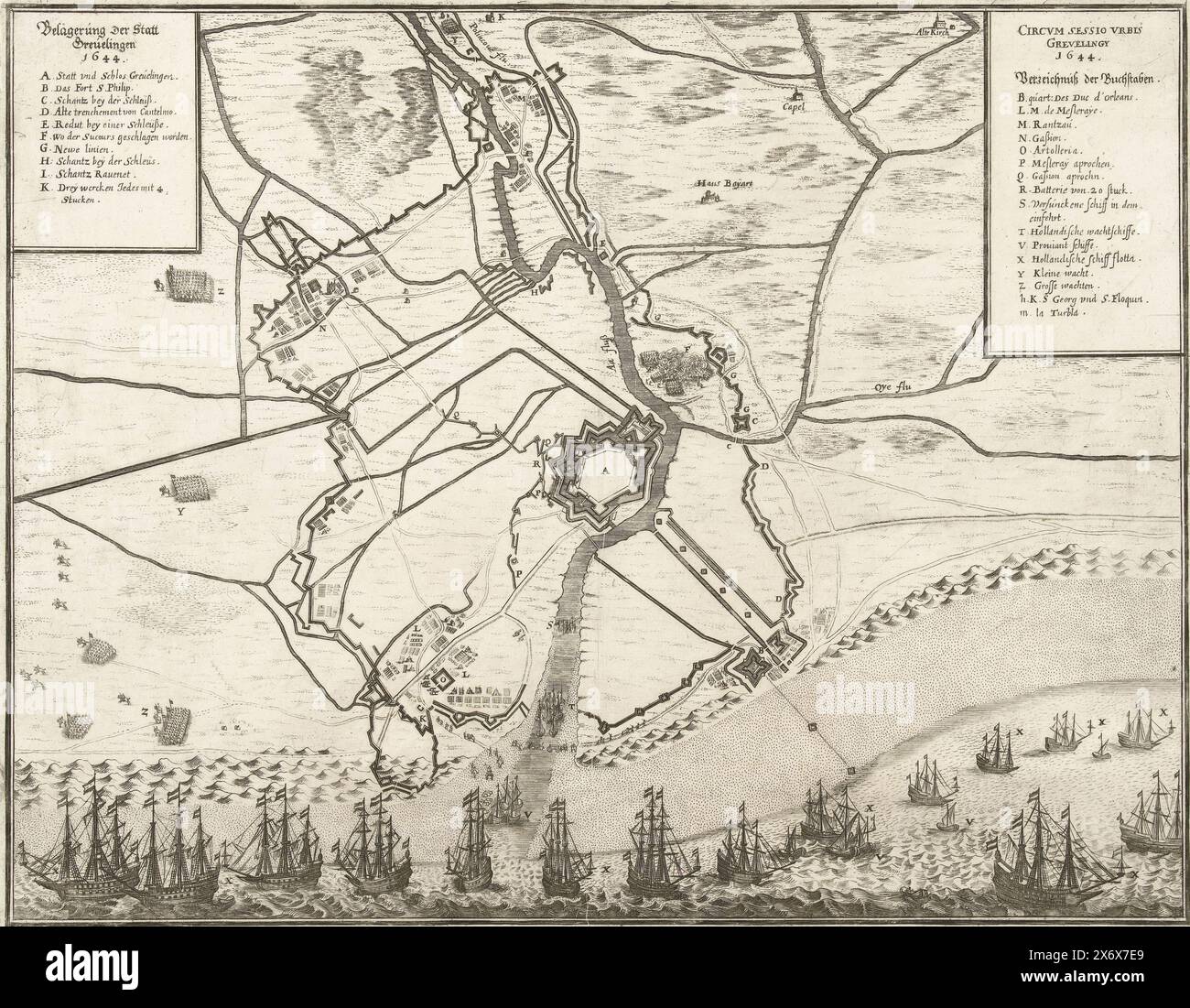 Map of the siege and conquest of Grevelingen, 1644, Belägerung Der Statt Grevelingen 1644, Circum sessio urbis Grevelingy 1644 (title on object), Map of the siege and conquest of the city of Grevelingen by the French army under Gaston Duke of Orléans, July 28 1644. Plan of the fortified city with the surrounding land, at the bottom of the harbor blocked by Dutch ships. Top left the title and legend A-K in German, top right the title in Latin and the continuation of the legend L-Z in German., print, print maker: anonymous, Germany, 1644 - 1645, paper, etching, height, 300 mm × width, 385 mm Stock Photo