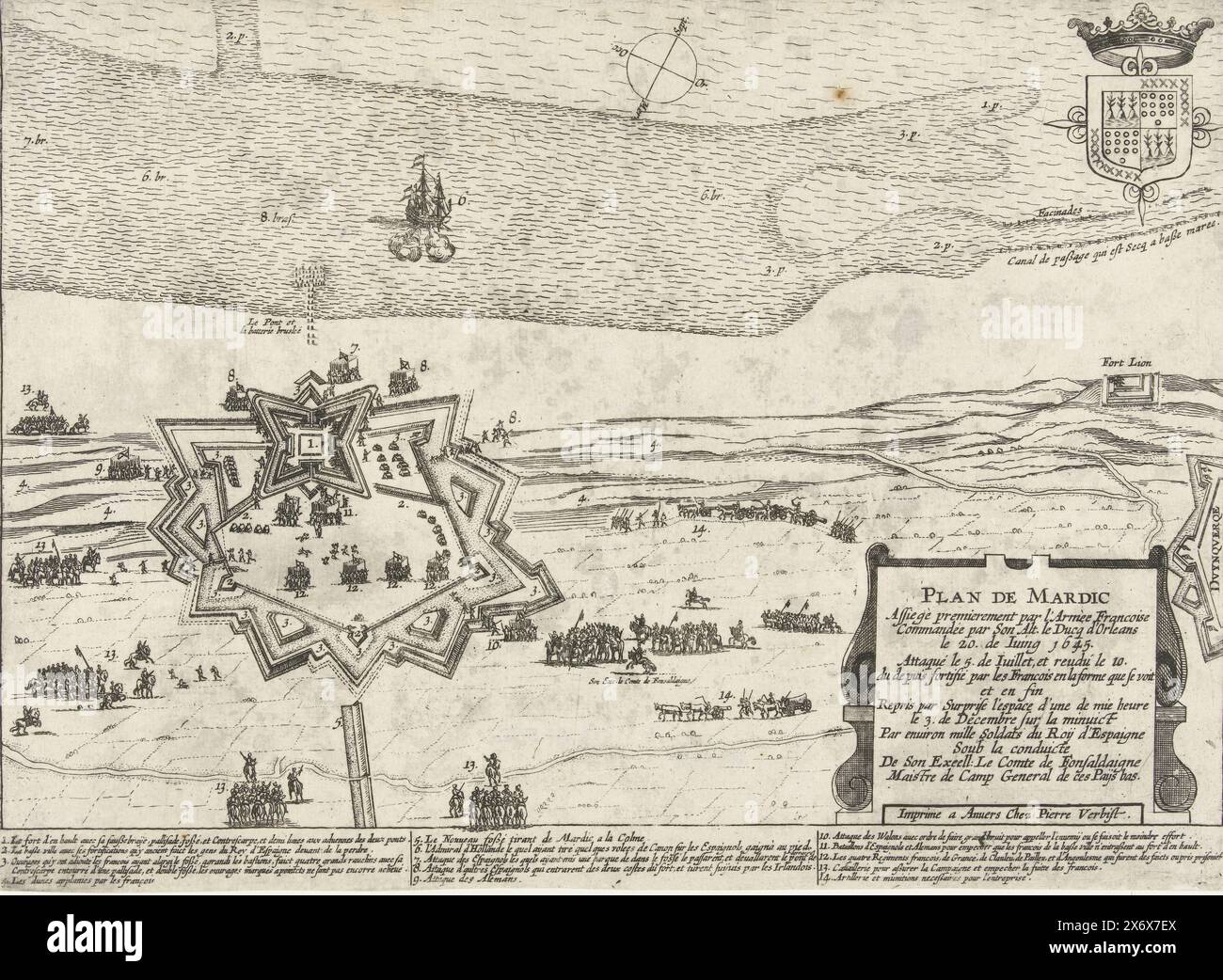 Map of Fort Mardijk, 1645, Plan de Mardic (title on object), Map of Fort Mardijk near the town of Mardijk near Dunkirk, besieged and conquered by the French army under Gaston, Duke of Orléans from the Spanish, June 22 - July 9 1645. A Dutch ship off the coast. In the caption the legend 1-14 in French. A coat of arms at the top right., print, print maker: anonymous, publisher: Pieter Verbiest (II), (mentioned on object), print maker: Southern Netherlands, publisher: Antwerp, 1645, paper, etching, height, 236 mm × width, 322 mm Stock Photo