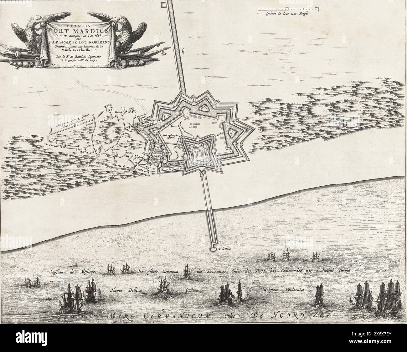 Map of Fort Mardijk, 1646, Plan du Fort Mardick Et de ses attacques, en l'an 1646 Par S.A.R. Monsr. le Duc d'Orleans (title on object), Les Glorieuses conquêtes de Louis le Grand, d'après le chevalier de Beaulieu (series title), Map of the Mardijk fort near the town of Mardijk near Dunkirk, besieged and conquered by the French army under Gaston, Duke of Orléans on the Spanish, June 22 - July 9, 1645. Off the coast a Dutch fleet under the command of Admiral Maarten Tromp. Top right a scale stick: Eschelle de deux cent Thoises. In the caption the legend 1-14 in French. A coat of arms at the top Stock Photo