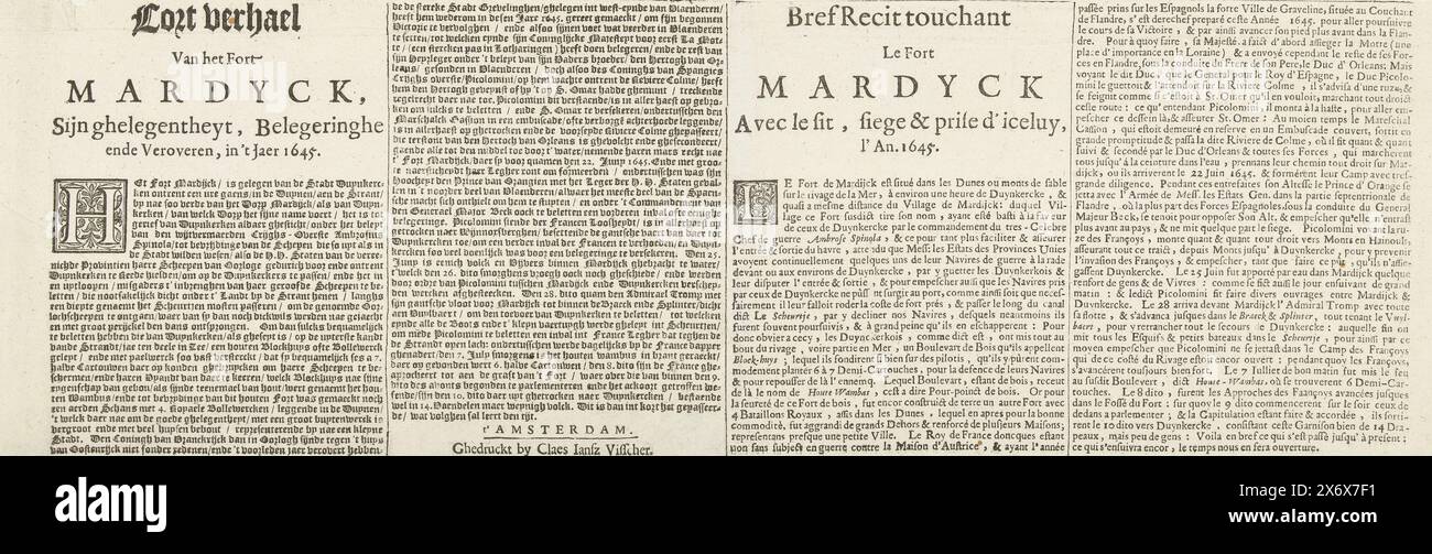 Text page for the print of the siege of Fort Mardijk, 1645, Cort verhael Van het Fort Mardyck, Sijn ghelegentheyt, Beleginghe ende Veroveren, in 't Jaer 1645, Bref recit touchant Le Fort Mardyck Avec le sit, siege & prize d'iceluy, l'An. 1645 (title on object), Text sheet accompanying the print of the siege and capture of Fort Mardijk near the town of Mardijk near Dunkirk, June 22 - July 9, 1645, by the French army under Gaston, Duke of Orleans from the Spanish. Text in 2 columns Dutch and 2 columns French., text sheet, publisher: Claes Jansz. Visscher (II), (mentioned on object), Amsterdam Stock Photo