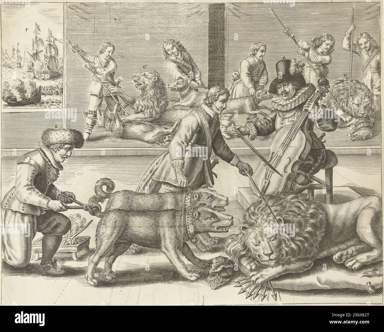 Cartoon on England, 1652, Leeuw en Honden Geveght (title on object), Cartoon on England during the First English War, 1652. The Dutch Lion is lulled to sleep by the music of the Spaniard's cello but is tickled awake in his ear by Cromwell. Two English dogs (doggen) bark at the lion, but their tails are pinched off by the Dutch sailor with red-hot tongs. In the background a sea battle and fighting between the lion and dogs. A text sheet accompanies the print., print, print maker: Crispijn van de Passe (II), Northern Netherlands, 1652, paper, engraving, height, 230 mm × width, 282 mm Stock Photo