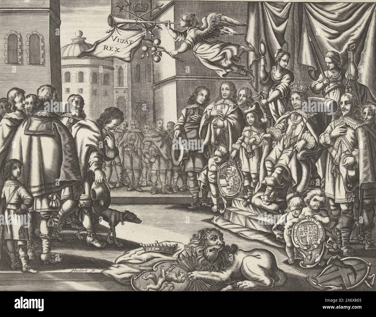 King Charles II with the support of the Republic on the throne of England, 1660, Charles II King of England sitting on the throne, 1660. On the right the king on his throne surrounded by counselors, personifications of the virtues of Prudence and Justice, at his feet putti with the arms of the Prince of Orange and the English royal house of Stuart with the belt and motto of the Order of the Garter. On the right on the ground the broken coat of arms of England. On the ground the Dutch Lion with the coat of arms of Holland and the bundle of arrows. In the air the Faam with an Orange branch and Stock Photo