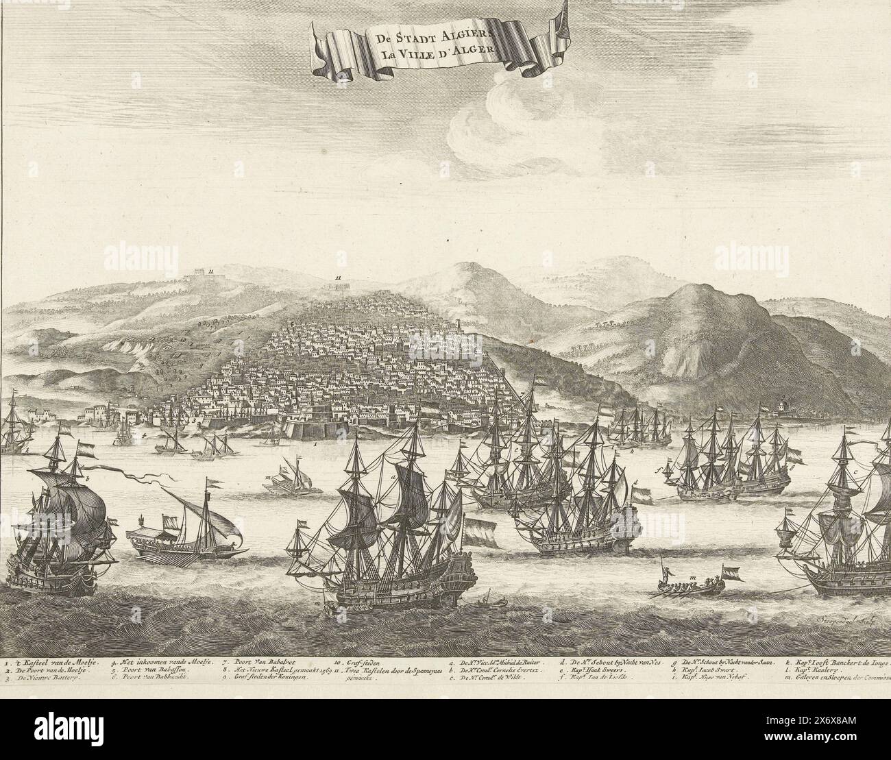 The Dutch fleet under Michiel de Ruyter in front of the city of Algiers, 1662, De Stadt Algiers, La Ville D'Alger (title on object), View of Algiers with the Dutch fleet under Admiral Michiel de Ruyter anchored near the city at the time of the peace negotiations, November 16, 1662. Marked at the top right: Page. 254. In the caption the legend 1-11 and a-m., print, print maker: Bastiaen Stopendael, (mentioned on object), Northern Netherlands, 1685 - 1687, paper, etching, height, 267 mm × width, 350 mm Stock Photo
