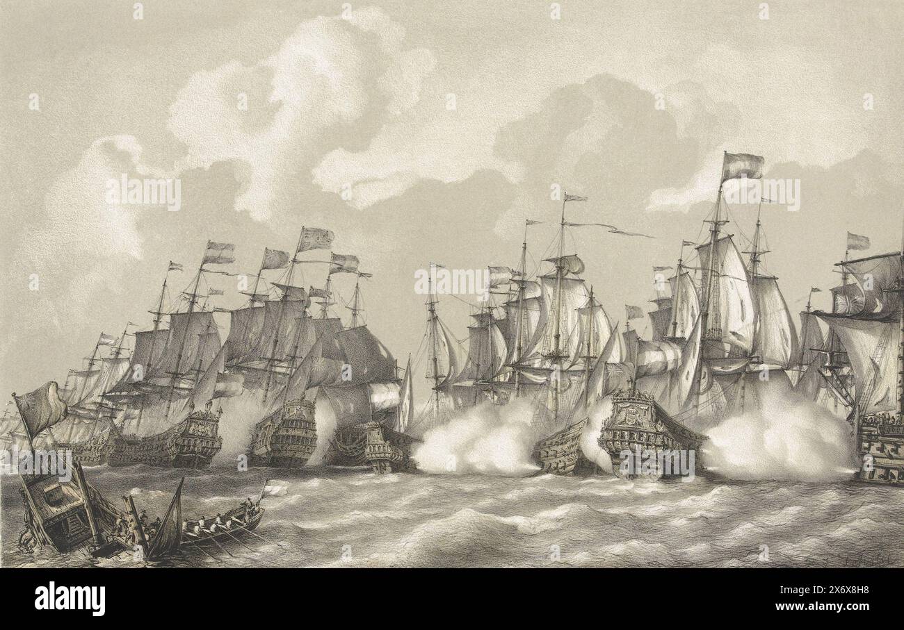 The Four Days Battle, 1666, Four Days Battle June 12, 13 and 14, 1666, Combat naval between the Dutch fleet under Admiral Michiel de Ruyter and the English fleet under Admiral George Monck, June 11-14, 1666. Battles on the second, third and fourth days., print, print maker: Petrus Johannes Schotel, (mentioned on object), after drawing by: Petrus Johannes Schotel, (mentioned on object), printer: Ruurt de Vries, (mentioned on object), print maker: Netherlands, publisher: Amsterdam, 1848 - 1855, paper, height, 363 mm × width, 546 mm Stock Photo