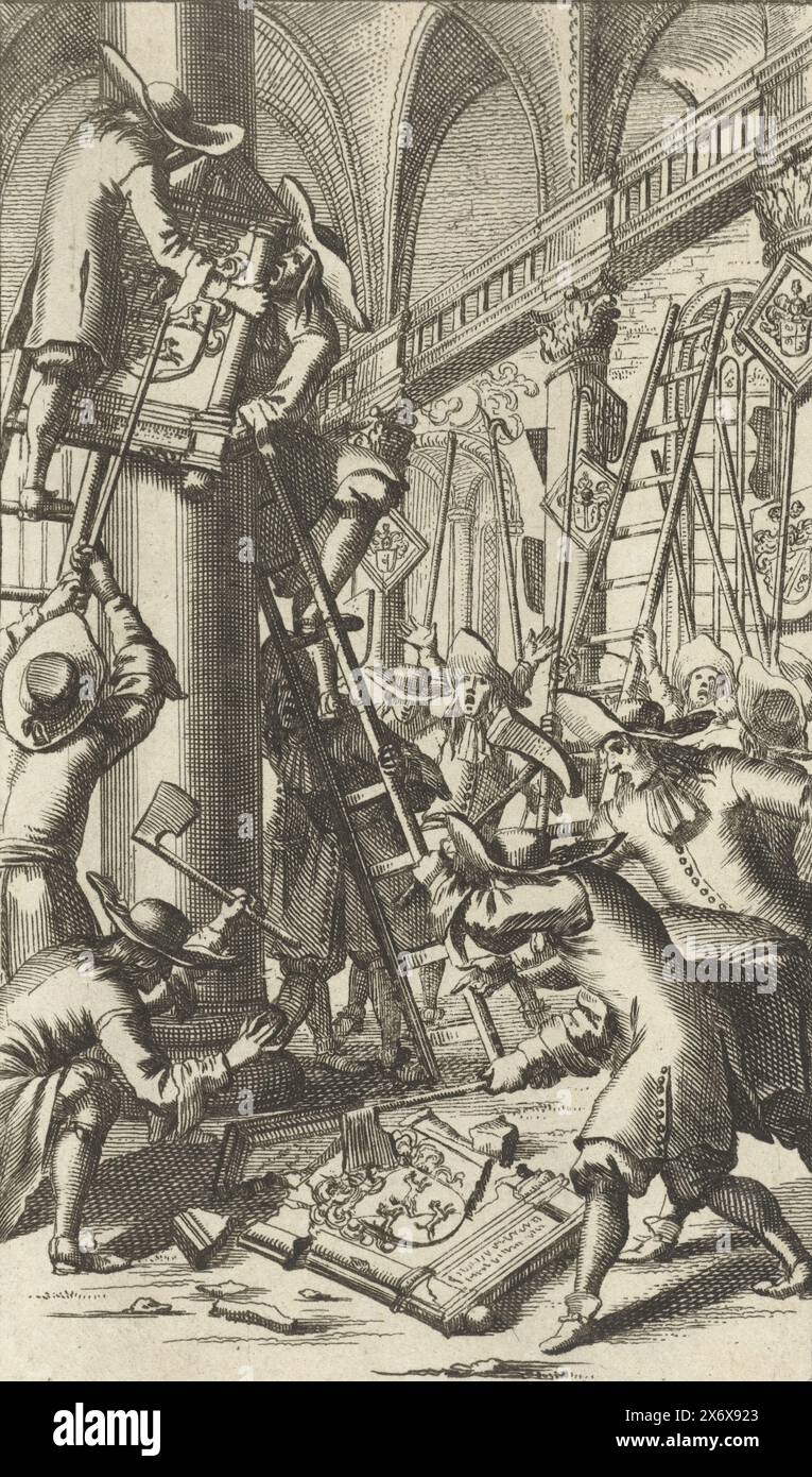 Destruction of coats of arms of the De Witt family in a church, 1672, Destruction of coats of arms of the family of the brothers Johan and Cornelis de Witt in a church in The Hague, 1672. A group of angry men use ladders to remove the coats of arms of a church the columns and smashes them with axes. No representation of the iconoclasm of 1566., print, print maker: anonymous, Northern Netherlands, 1672 - 1699, paper, etching, engraving, height, 130 mm × width, 78 mm Stock Photo