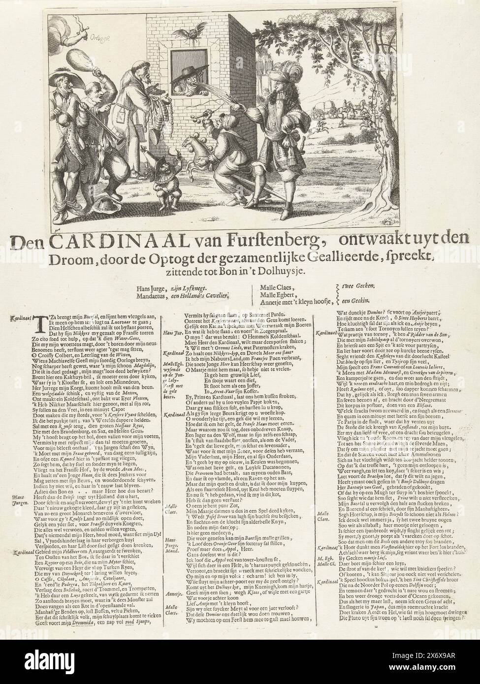 Cartoon on Prince Wilhelm von Fürstenberg, 1674, The Cardinal of Furstenberg, awakens from the Dream, by the Optogt of the joint Allied, speaks sitting to Bon in 't Dolhuysje (title on object), Cartoon on the Cardinal Prince Wilhelm von Fürstenberg after the the conclusion of peace with England by the Republic on February 19, 1674 and the capture of Prince von Fürstenberg on February 16, 1674. The cardinal at the window in an insane asylum, outside three madmen, a monk and the Dutch nobleman who offers him an orange apple . With a spot verse in 3 columns., print, print maker: anonymous Stock Photo