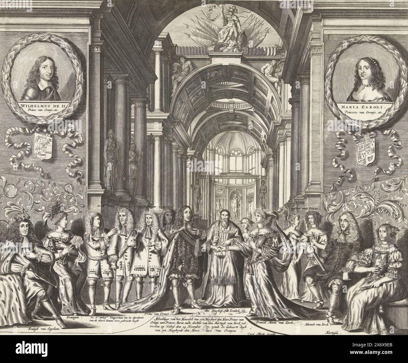 Marriage of Prince Willem III to Maria Stuart, 1677, Image of the Houwelyk van syn Hoogheyt den Heere Prince of Orange with Princes Maria, eldest daughter of Hartogh van Jorck, took place on Withal on November 14, 1677, being the Birth Day of syn Hoogheydt den Heere Prince van Oranjen (title on object), The marriage of Prince William III to Maria II Stuart in Whitehall in London, November 14, 1677. The ceremony was performed by the Bishop of London. On the left, Charles II, King of England with queen, on the right, James II, the Duke of York with the duchess. At the top in medallions Stock Photo