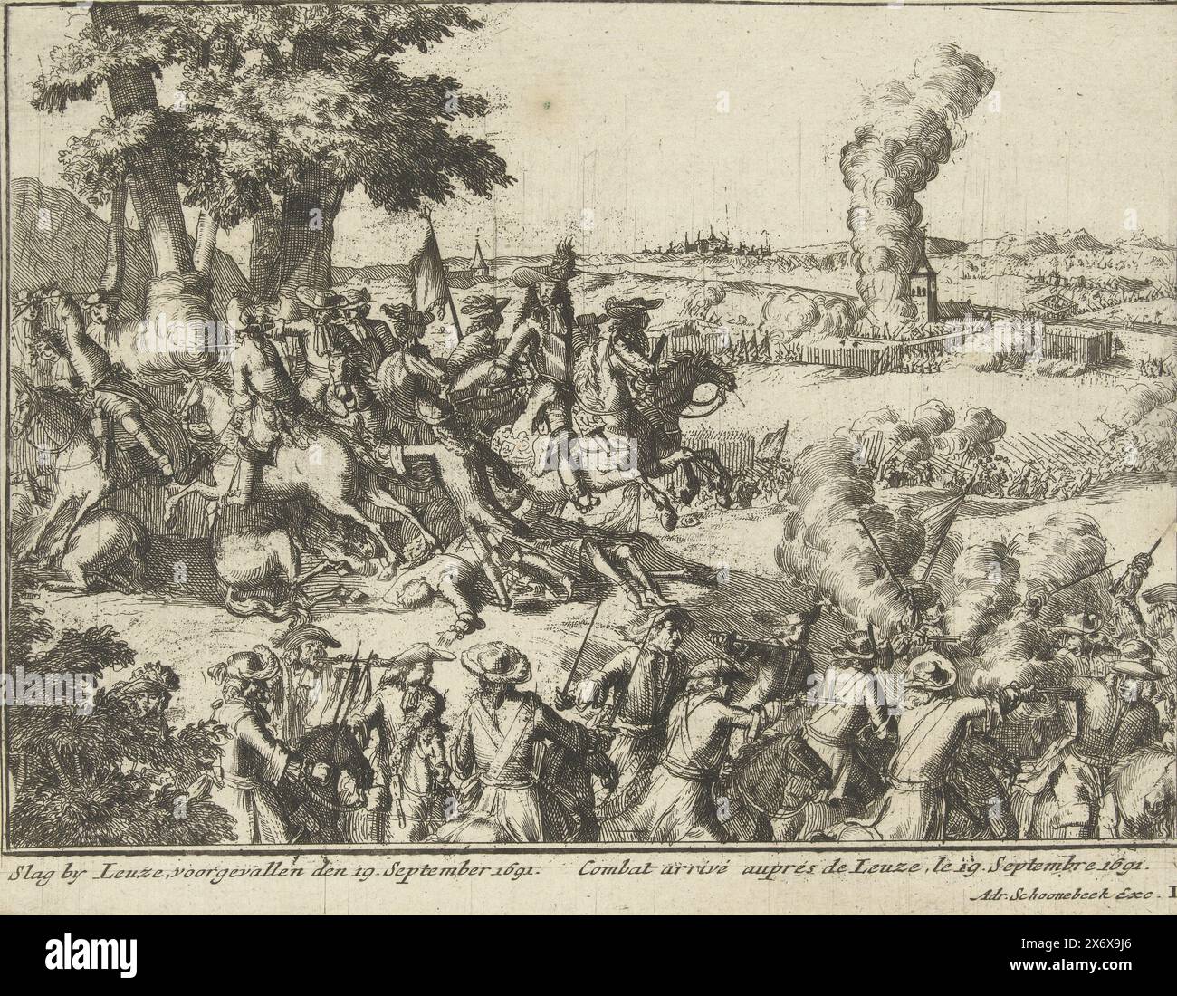 Battle of Leuze, 1691, Battle of Leuze, occurred on September 19, 1691 (title on object), England's Schoutoneel, depicting the most memorable event that occurred in and around England, Ireland, France and the Netherlands, since the year 1692, until the Burial of Queen Mary the Second, 1695 (series title on object), The army of King William III in the battle of Leuze during the Nine Years' War, the city was conquered on September 19. Plate no. III in the series 'England theater' about wars waged by William III in the years 1691-1695 after the Glorious Revolution, (fourth part). With captions in Stock Photo