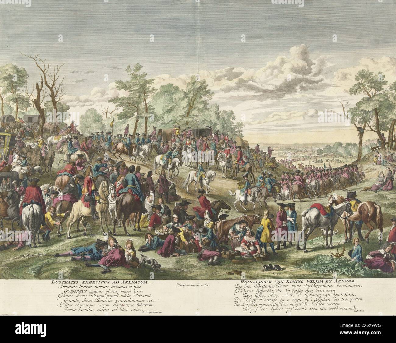 Inspection of the troops by William III at Arnhem, 1691, Lustratio Exercitis ad Arenacum, Heirschouw van Koning Wiljam by Arnhem (title on object), Inspection of the troops by King William III at Arnhem, March 17, 1691. Horsemen parade past the monarch who sits on horseback among his officers. Festive event with families enjoying themselves with food and drinks. On the right a woman relieves herself between bushes. In the caption two verses of six lines in Latin and Dutch., print, print maker: Jan van Huchtenburg, (mentioned on object), publisher: Jan van Huchtenburg, (mentioned on object Stock Photo