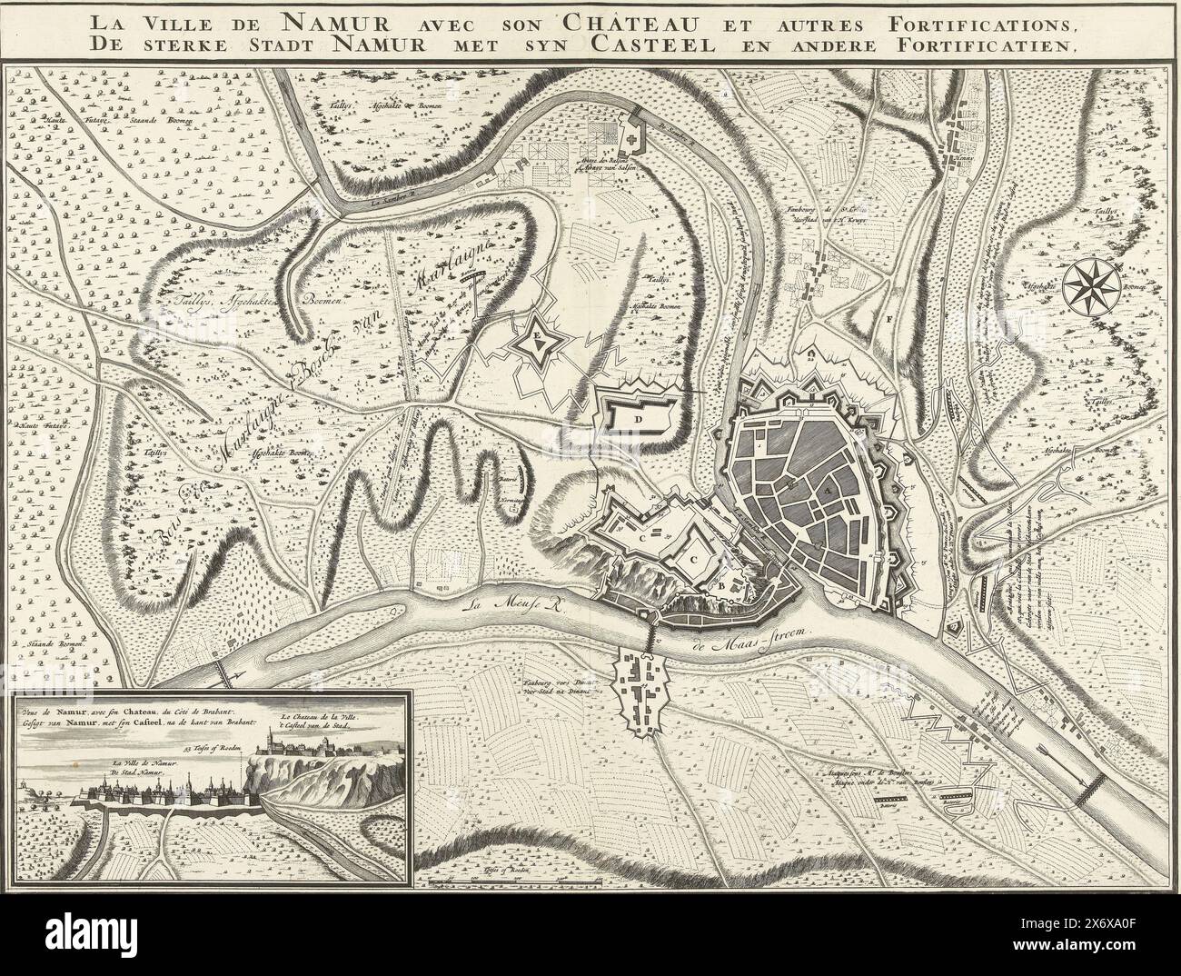Map of the city of Namur with the castle, besieged by the French army ...