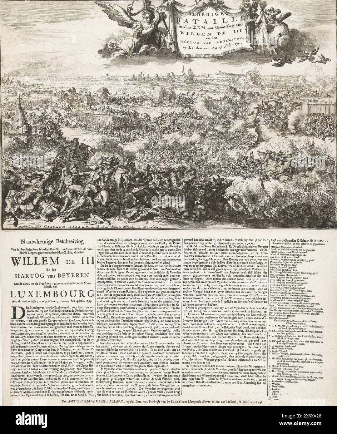 Battle of Landen, 1693, Bloody Battle between H.K.M. of Great Britain William the III. and the heart of Luxembourg, by Landen etc. on 29 July 1693 (title on object), Battle of Landen (Neerwinden) between the Allies under King William III and the French under the Duke of Luxembourg, 29 July 1693. View of the battle, in the air the cartouche with title flanked by two allegorical figures. Below the plate on the sheet the description in 4 columns., print, print maker: anonymous, print maker: Romeyn de Hooghe, publisher: Carel Allard, (mentioned on object), print maker: Northern Netherlands, print Stock Photo
