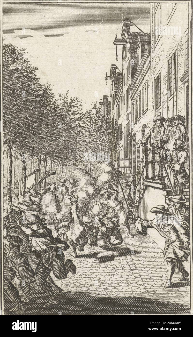 The militia chases away the rioters during the Aanspeakers riot, 1696. The militia forcibly chases away rioters in front of the house of former mayor Joan de Vries on the Herengracht, during the Aanspeakers riot, January 31-February 1, 1696. A number of them run away in fright while the militia riots. attacks some other demonstrators with guns and swords., print, print maker: Laurens Scherm, after own design by: Laurens Scherm, publisher: Samuel Lamsveld, (possibly), Amsterdam, 1702 and/or 1725 - 1733, paper, etching, engraving, height, 130 mm × width, 80 mm Stock Photo