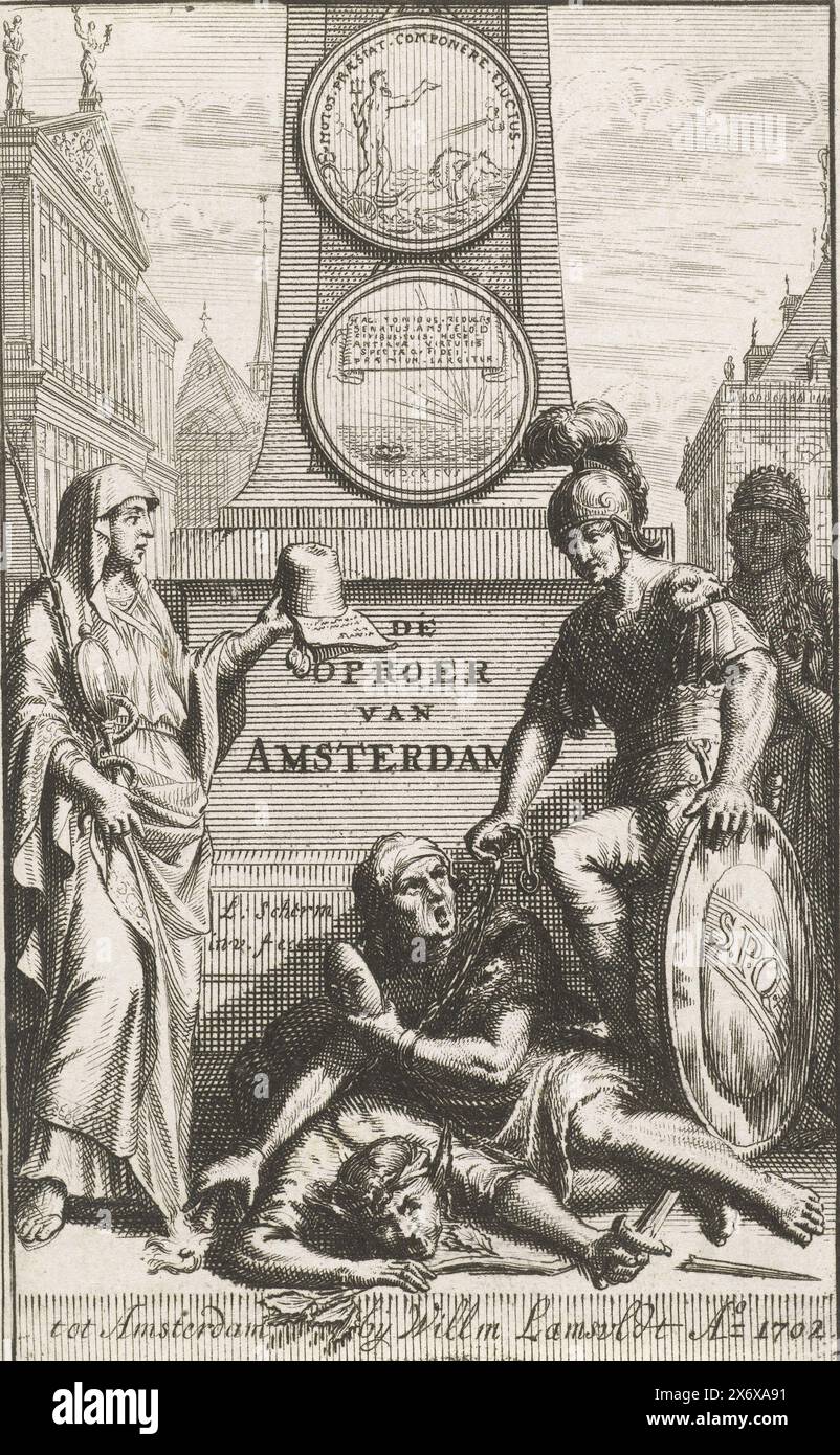 Allegorical figures in front of an obelisk, Title page for: Rabus, Pieter. History of the riot that occurred in Amsterdam (…) 1696 (…), 1702, 1725, 1733, Allegorical representation in front of an obelisk in which two rioters (from the 1696 Prosecution Riot) are chained and suppressed by a soldier. On the left is Caution with a mirror and a snake. The soldier is on the right, his shield bears the abbreviation S.P.Q.A. (the Senate and the people of Amsterdam). In his left hand he has chains with which he has shackled the man in front of him. Below this man lies a man with dog ears and a broken Stock Photo