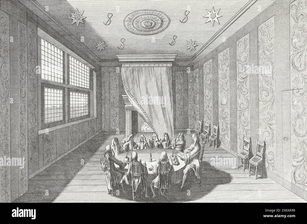 Reproduction of the print of the room where the peace was signed in the Huis ter Nieuburch in Rijswijk, 1697, Reproduction of the print of the room where the peace treaty was signed in the Huis ter Nieuburch in Rijswijk. A group of men seated at a round table. After a print in the series of 12 prints about the Huis ter Nieuburch in Rijswijk and the peace negotiations held there resulting in the Peace of Rijswijk concluded on September 20, 1697., print, print maker: Emrik & Binger, after print by: Jan van Vianen, Netherlands, 1877 - 1879, paper, height, 225 mm × width, 298 mm Stock Photo