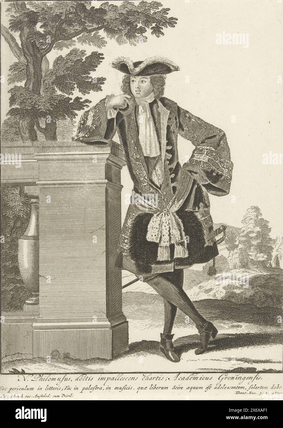 Groningen student, ca. 1700, N. Philomusus, doctis impallescens charitis, Academicus Groningensis (title on object), Student of the University of Groningen, standing full-length, leaning against a balustrade. He is dressed according to the French fashion of his time., print, print maker: Pieter Schenk (I), (attributed to), publisher: Pieter Schenk (I), (mentioned on object), unknown, Amsterdam, 1690 - 1700, paper, etching, engraving, height, 255 mm × width, 183 mm Stock Photo