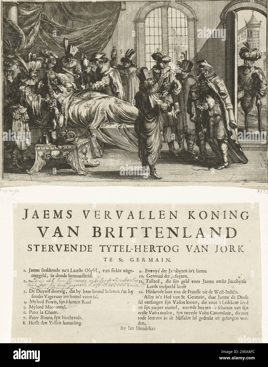Cartoon on the death of James II, 1701, Jaem's fallen king of Brittenland dying Tytel-Duke of Jork in St. Germain (title on object), King James II on his deathbed, December 16, 1701. Doctors and courtiers stand around the bed of the king, on the left a Turkish physician and Louis XIV with an enema syringe to purge the king. To the right of the bed, a group of courtiers, including confessor Father Bouru, discusses the situation. On the right in the doorway a French messenger from the West Indies, with turban, wooden leg and crutch. Print and a text sheet with the title and legend 1-12., print, Stock Photo
