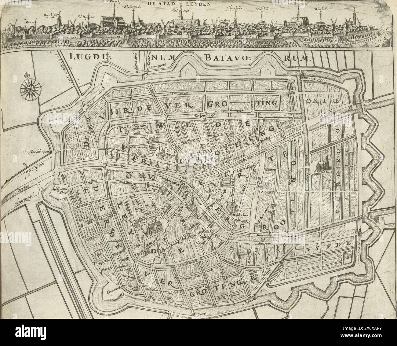 Map of Leiden, 1726, The city of Leyden, Lugdunum Batavorum (title on ...