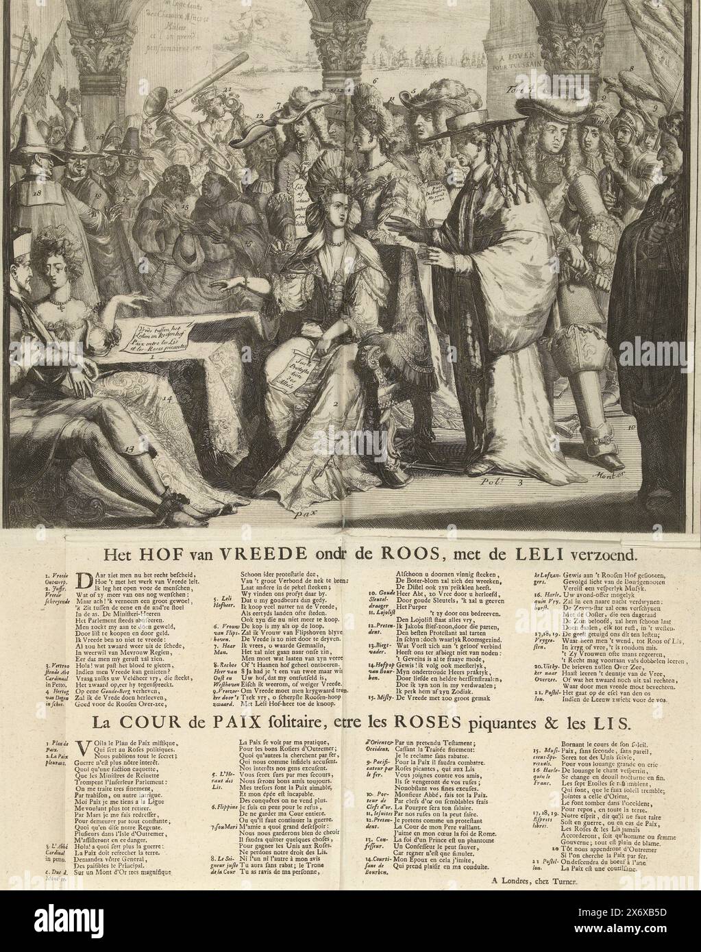 Peace between the Rose and the Lily, 1713, The Court of Peace under the Rose, reconciled with the Lily, La Cour de Paix solitaire, entre les Roses piquantes & des Lis (title on object), Plates about the Peace of Utrecht of 1713, 't Lusthof van Momus (series title), Cartoon on the Peace of Utrecht concluded between de Roos (England and the other Allies) and de Lelie (France) in 1713. In the center the Peace sits at a table surrounded by all kinds of princes, statesmen and clergy. On the sheet under the plate verses and explanations in Dutch and French. Part of a group of 28 new and old plates Stock Photo