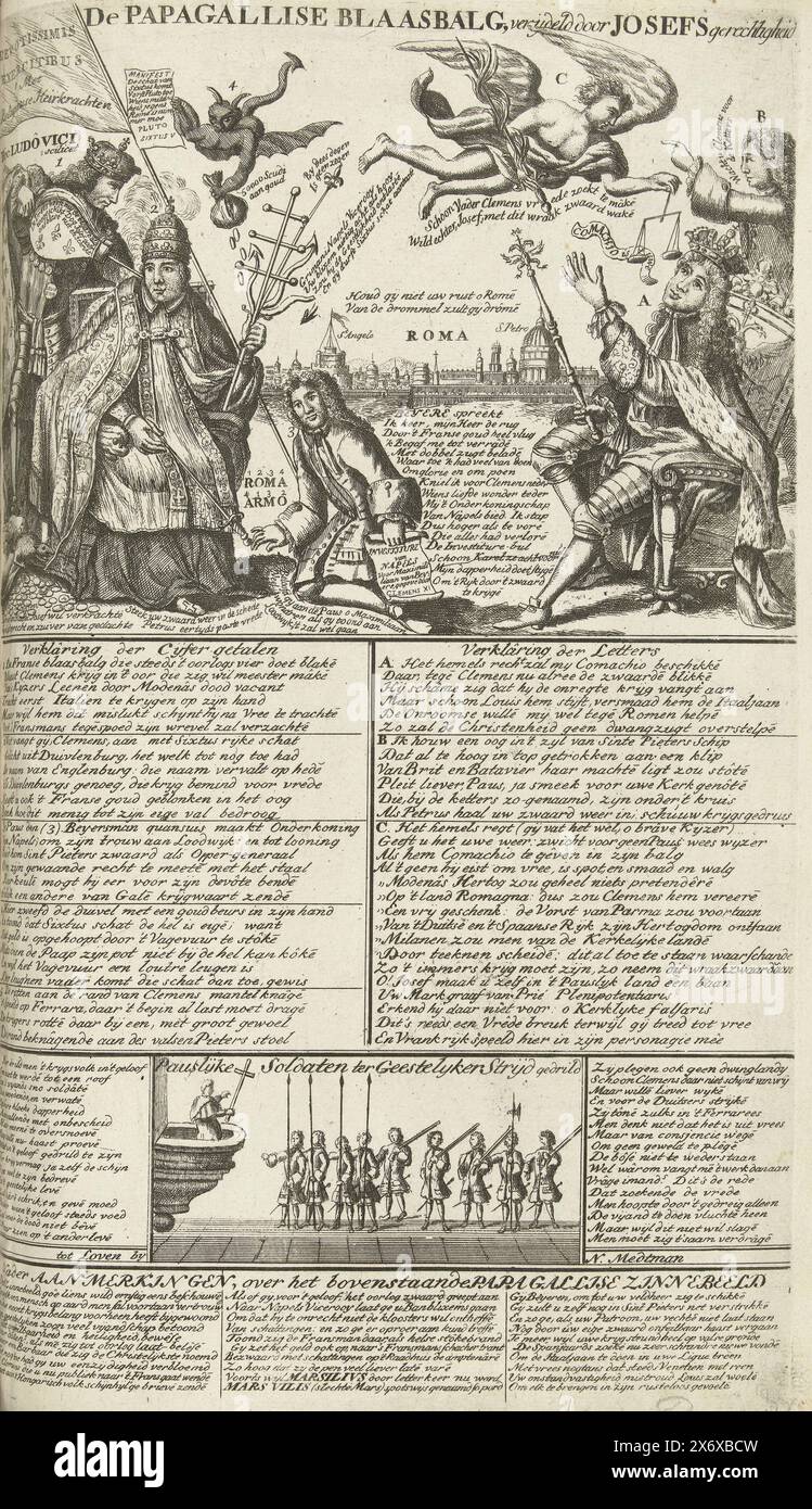 Emperor Joseph I opposite Pope Clement XI and King Louis title), Cartoon in which Emperor Joseph I is presented with the sword of vengeance by an angel. Opposite him, King Louis XIV of France blows a bellows into the ear of Pope Clement XI. Rome in the background. Inscriptions and verses in the plate in Dutch. Part of: The Palm Court of Allies, a series of 9 unnumbered cartoons on the French in the year 1708 of the War of the Spanish Succession. Part of the print work published under the collective title 't Lust-Hof van Momus with the bundled series of cartoons during the years 1701-1713 of Stock Photo