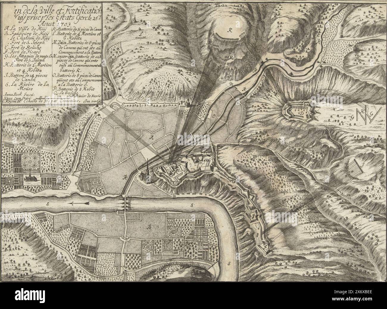 Map of the bombardment and capture of Huy, 1703, [Pl]an de la ville et ...