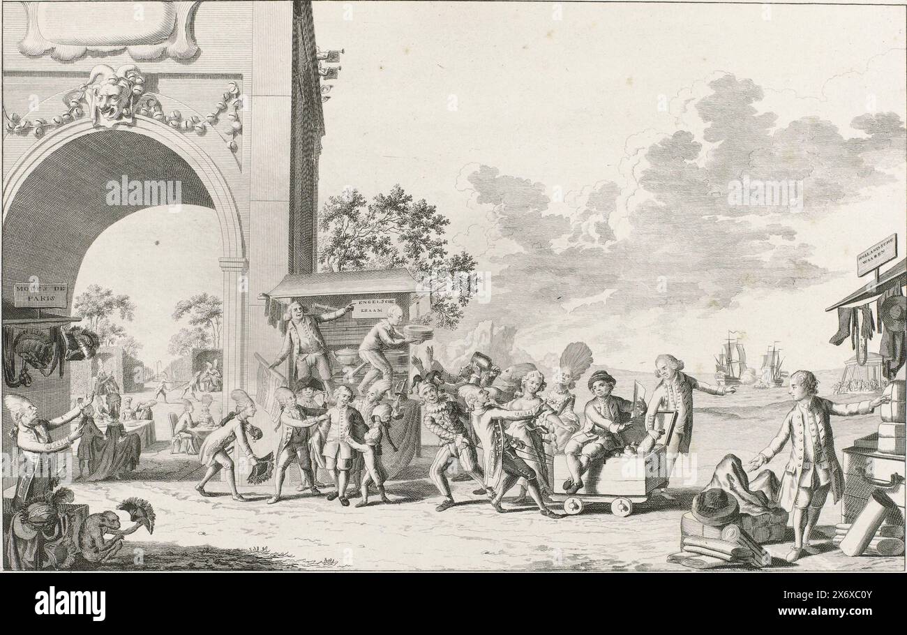 Cartoon on the English-mindedness of young Holland, 1780, Cartoon on the English-mindedness, frivolousness and desire for fun of young Holland, 1780. A young rich Dutchman seated on a money box rejects the stall with Dutch goods and goes to the English stall and the French Stall with the Modes de Paris ride. See also the pendant. The print comes with a separately printed explanation., print, print maker: anonymous, Northern Netherlands, 1780, paper, etching, engraving, height, 251 mm × width, 377 mm Stock Photo