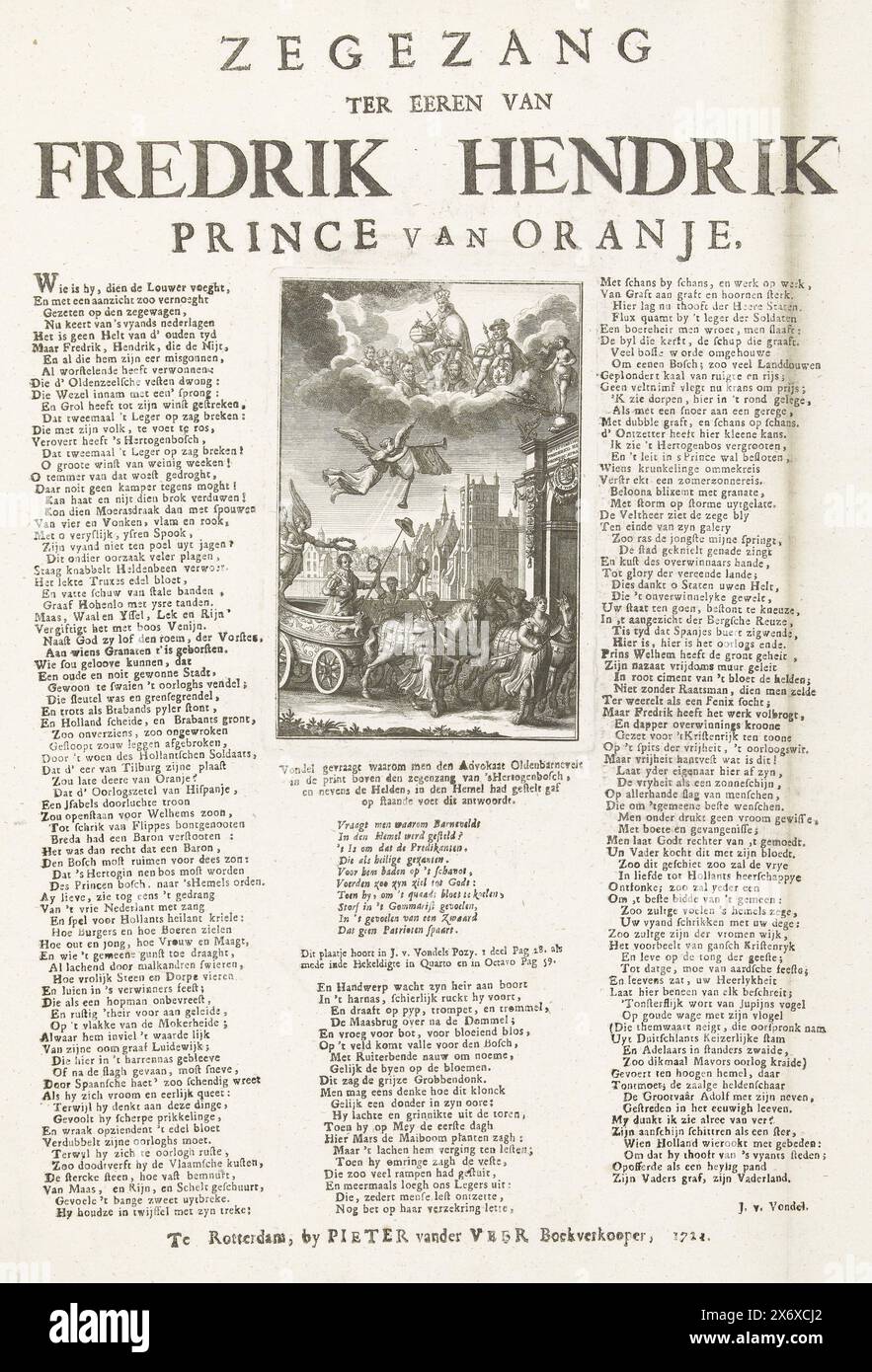 Frederik Hendrik rides into The Hague in a triumphal chariot, 1629, Victory song in honor of Frederik Hendrik Prince of Orange (title on object), Het Groote Tafereel der Foolheid (extra pieces) (series title), Allegorical triumphal entry of Frederik Hendrik through a triumphal gate in The Hague. Allegory in honor of the conquests of Den Bosch and Wesel by Frederik Hendrik in 1629. Triumphal procession with the stadtholder crowned by Victory with the lance of freedom standing in a chariot, the horses accompanied by the virtues of Justice (Justitia), Strength (Fortitudo) and Prudence Stock Photo