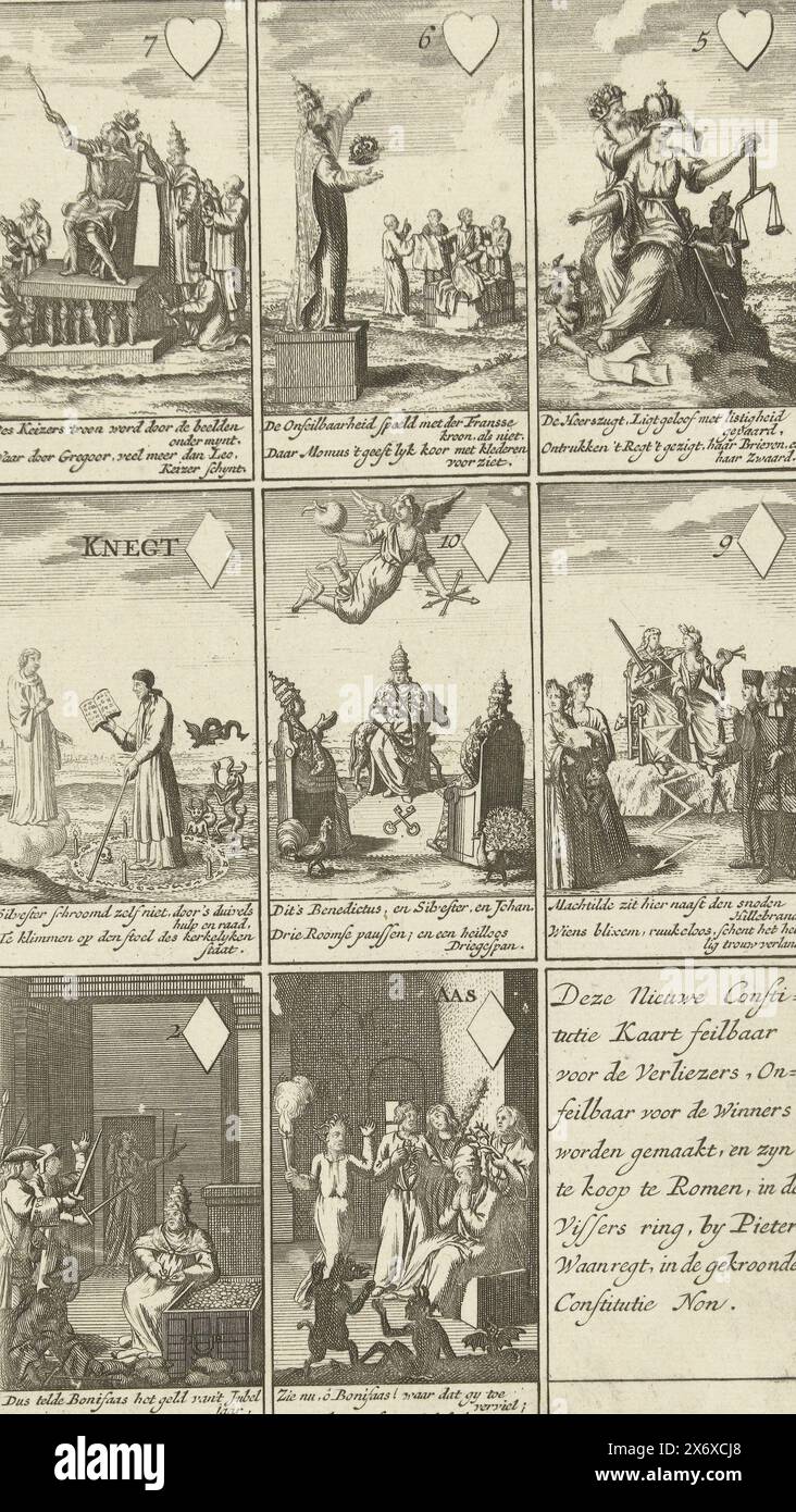 Nine cards with cartoons on Roman Infallibility, 1724, Cartoons on Roman Infallibility in the form of a card game, 1724. Nine cards that refer to the Bull or Constitution Unigenitus of Pope Clement XI regarding the infallibility of the Pope and against the ideas of the Jansenists and Quesnel. Each card with a caption in Dutch., print, print maker: anonymous, Northern Netherlands, 1724, paper, etching, height, 261 mm × width, 152 mm Stock Photo