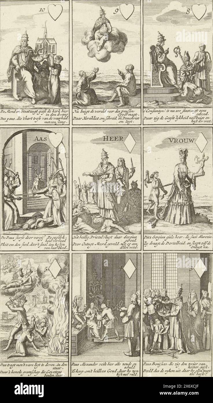 Nine cards with cartoons on Roman Infallibility, 1724, Cartoons on Roman Infallibility in the form of a card game, 1724. Nine cards that refer to the Bull or Constitution Unigenitus of Pope Clement XI regarding the infallibility of the Pope and against the ideas of the Jansenists and Quesnel. Each card with a caption in Dutch., print, print maker: anonymous, Northern Netherlands, 1724, paper, etching, height, 260 mm × width, 143 mm Stock Photo