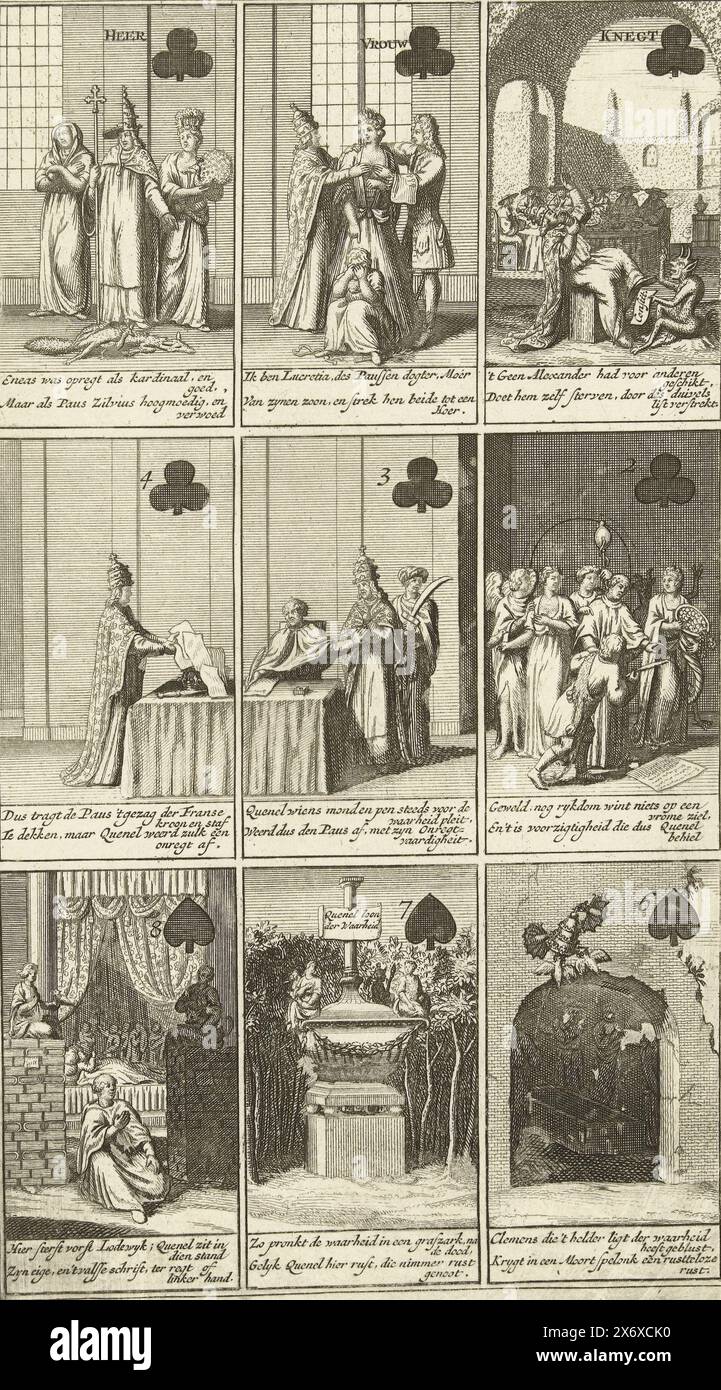 Nine cards with cartoons on Roman Infallibility, 1724, Cartoons on Roman Infallibility in the form of a card game, 1724. Nine cards that refer to the Bull or Constitution Unigenitus of Pope Clement XI regarding the infallibility of the Pope and against the ideas of the Jansenists and Quesnel. Each card with a caption in Dutch., print, print maker: anonymous, Northern Netherlands, 1724, paper, etching, height, 265 mm × width, 150 mm Stock Photo
